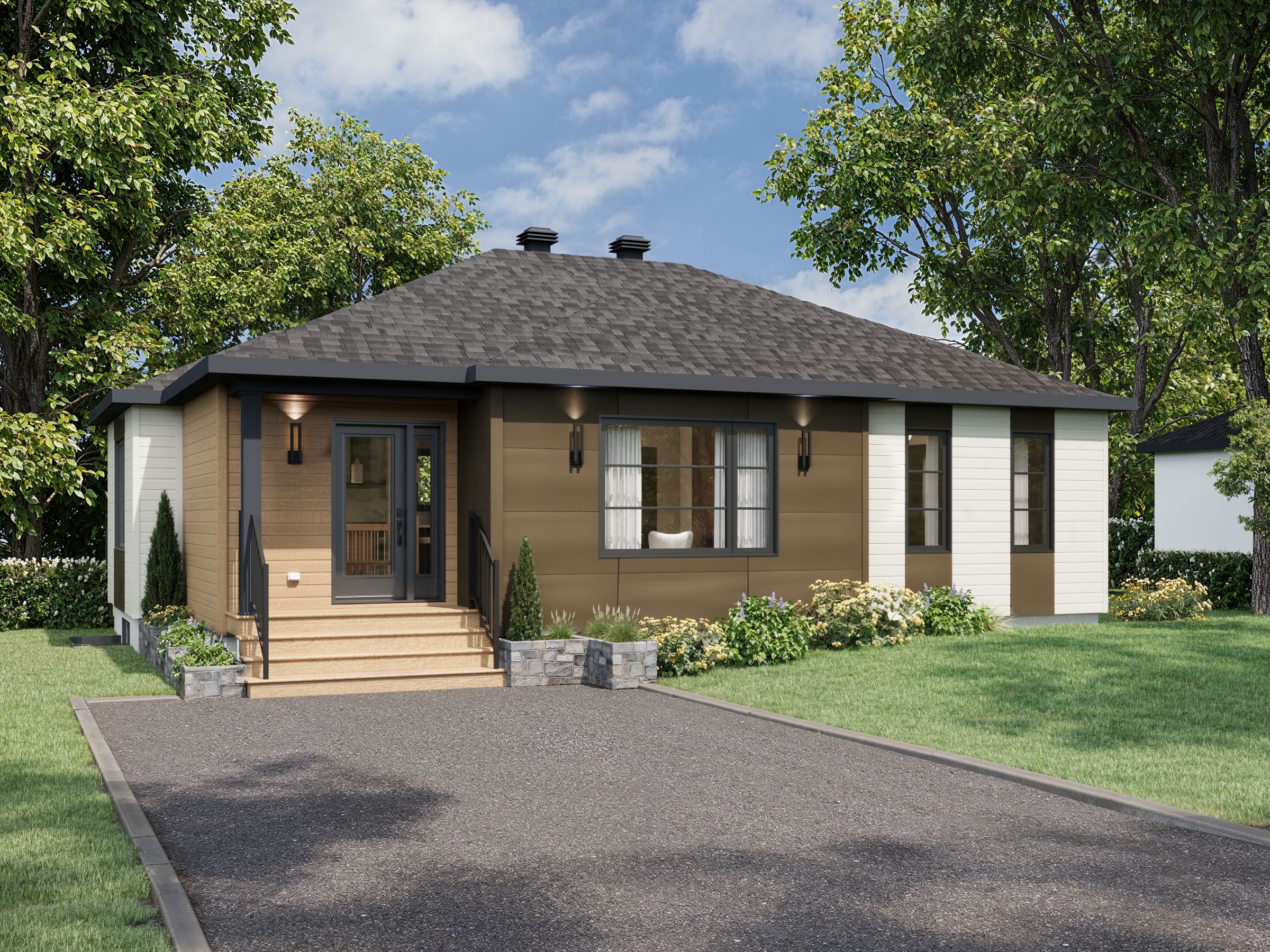 Le modèle Romano est un plain-pied de style classique. Vue de l'extérieur.