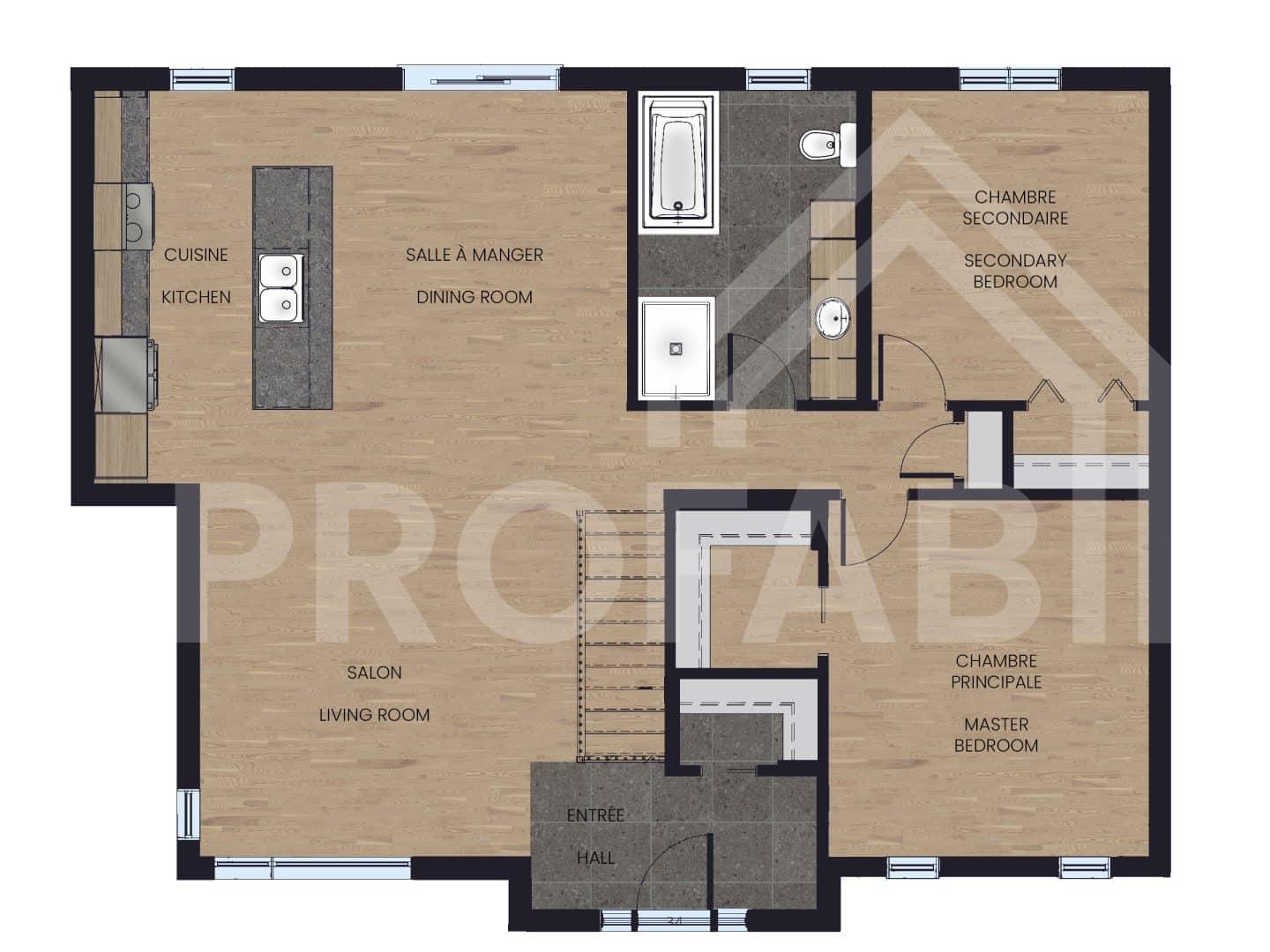 Une maison de plain-pied appelée Urbana. Le premier étage est de style contemporain, vu du plan 2D