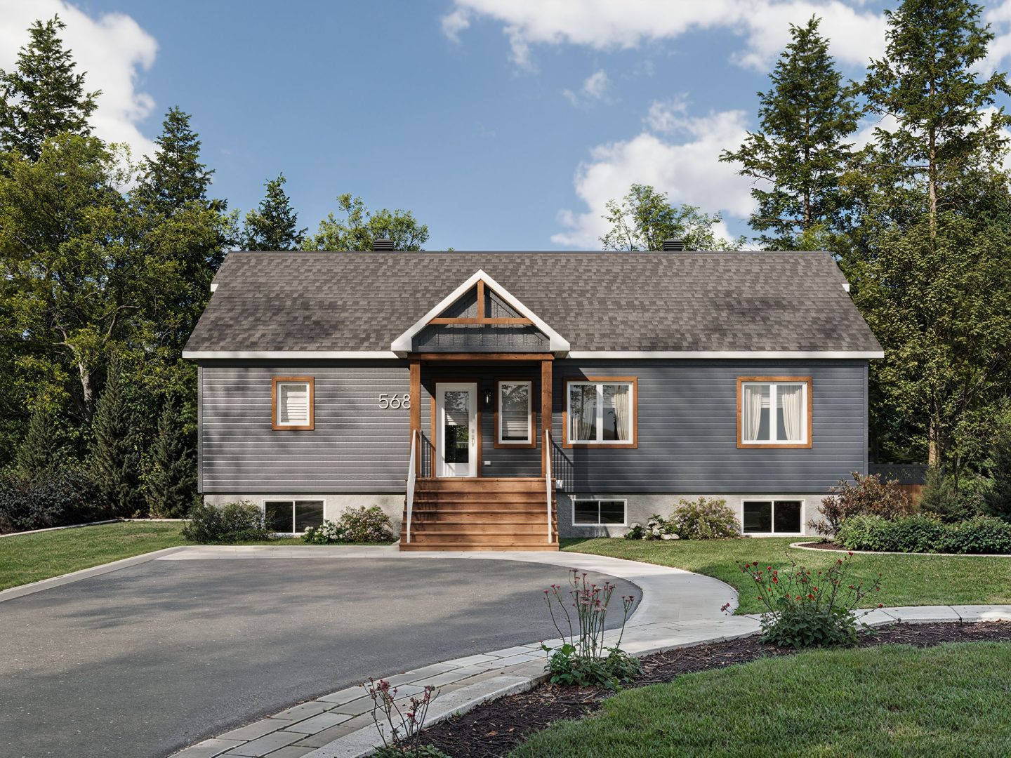 Le modèle Aigle Royal est un chalet de style classique. Vue de l'extérieur avant.