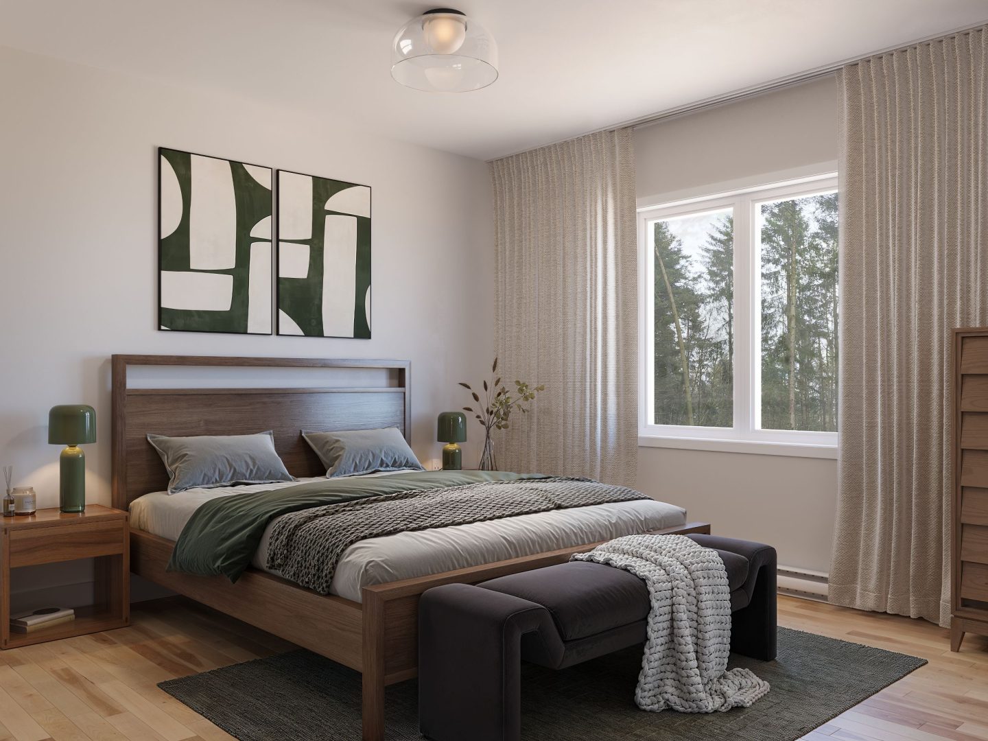 Le modèle Aigle Royal est un chalet de style classique. Vue de la chambre secondaire.