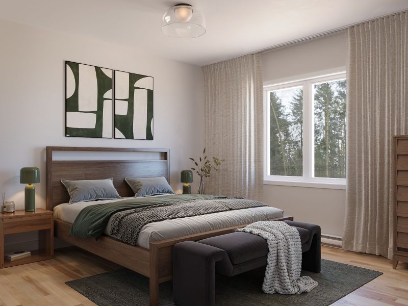 Le modèle Aigle Royal est un chalet de style classique. Vue de la chambre secondaire.