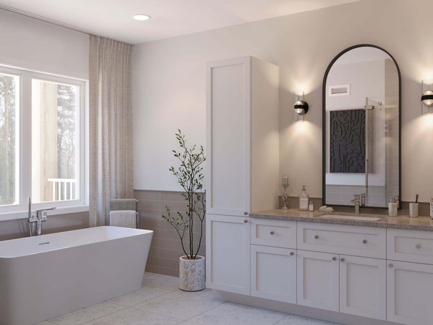 Le modèle Aigle Royal est un chalet de style classique. Vue dde la salle de bain.
