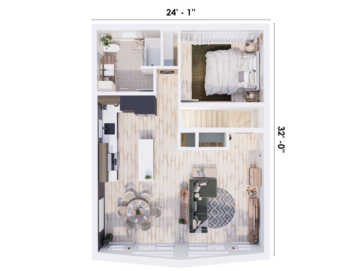 Modèle Épervier, un chalet plain-pied. Vue du plan 3D vu de haut.