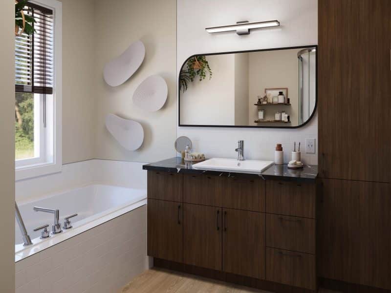 Modèle Lupin, une maison de plain-pied de style classique. Vue de la salle de bain.