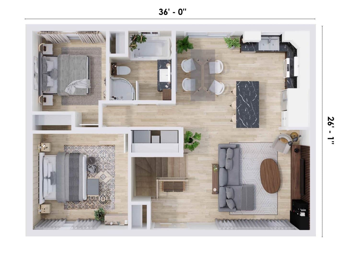 Modèle Lupin, une maison de plain-pied de style classique. Vue du plan 3D.