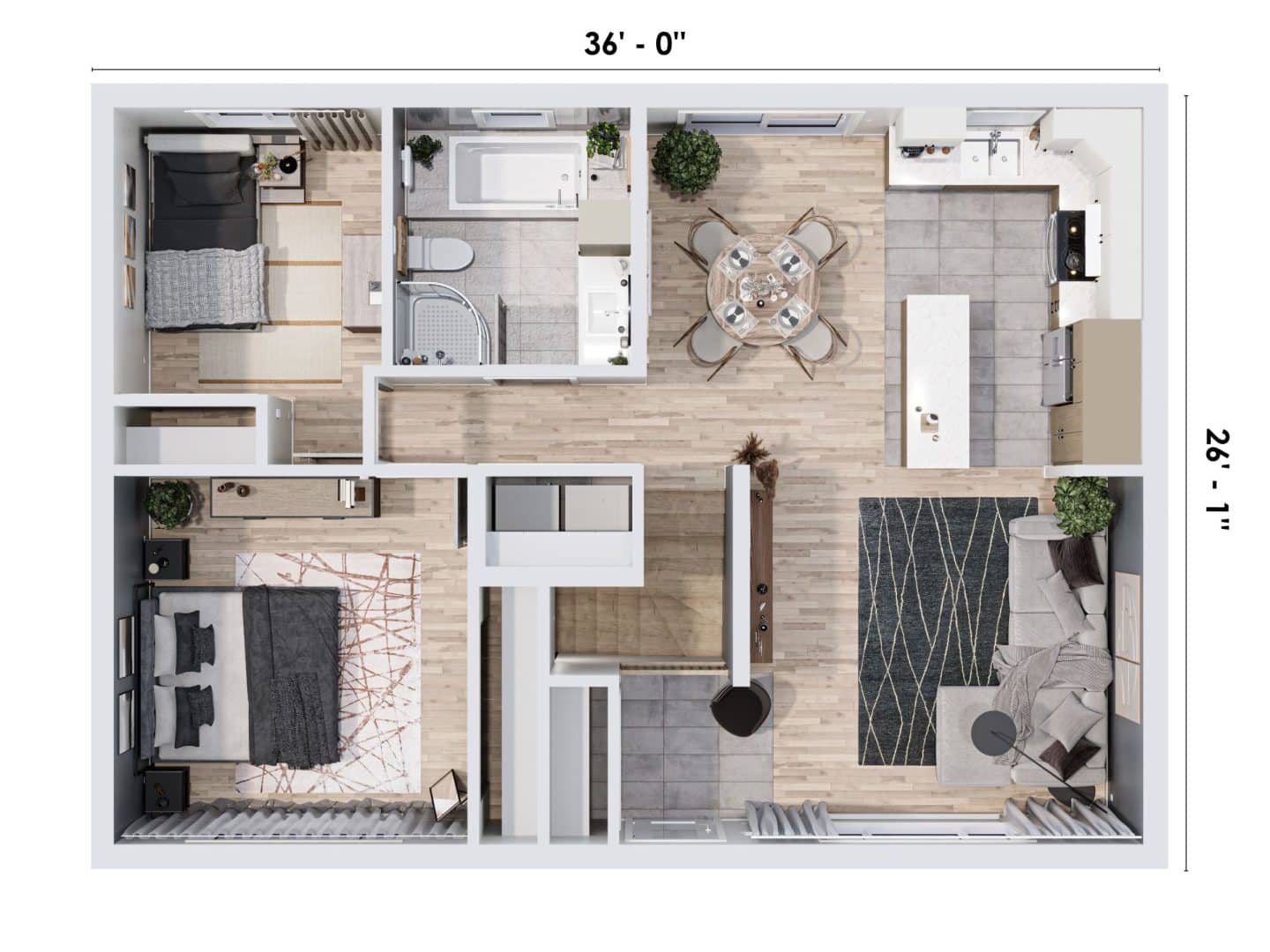 Modèle Mignonne, une maison de plain-pied de style classique. Vue du plan 3D avec mesure.