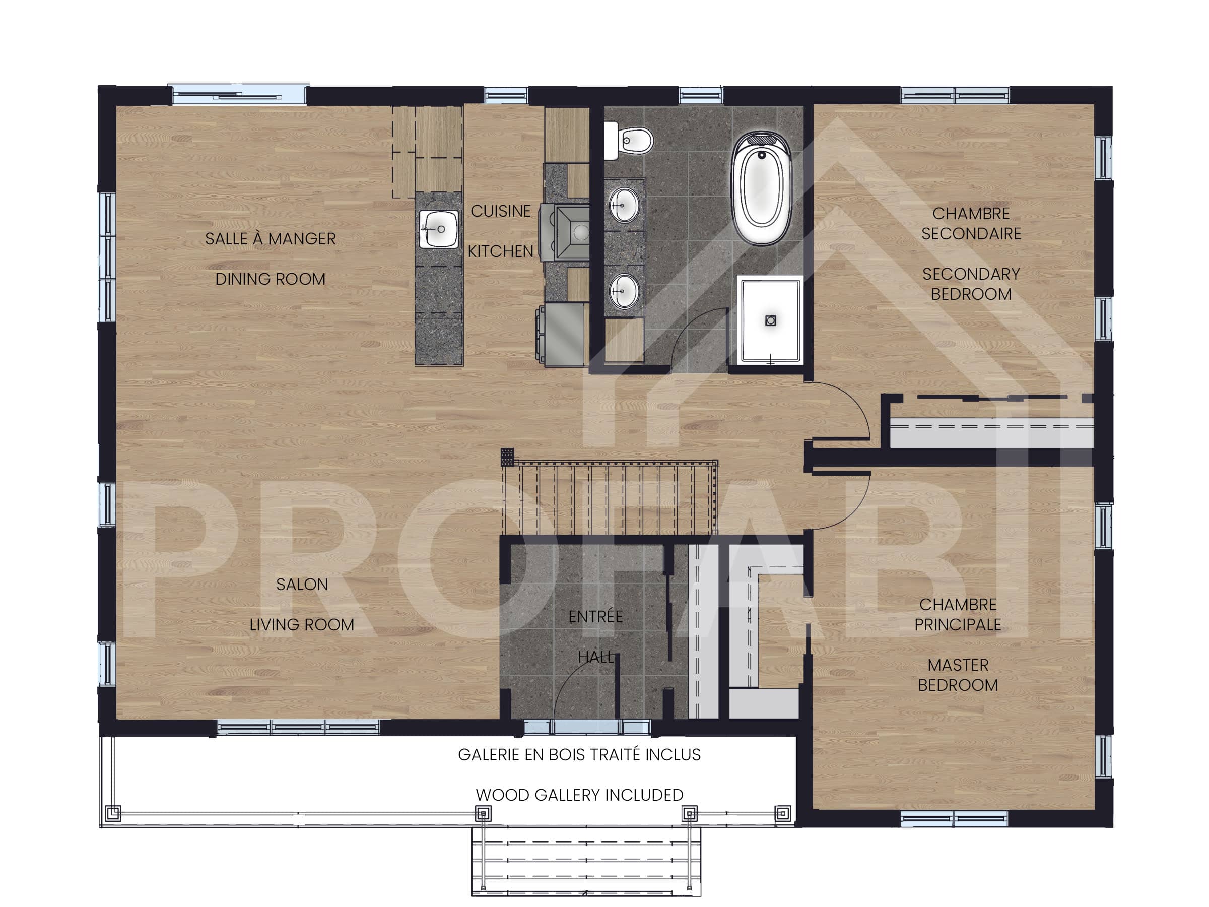 Modèle Quatre-temps est une maison plain-pied de style farmhouse. Vue du plan 2D