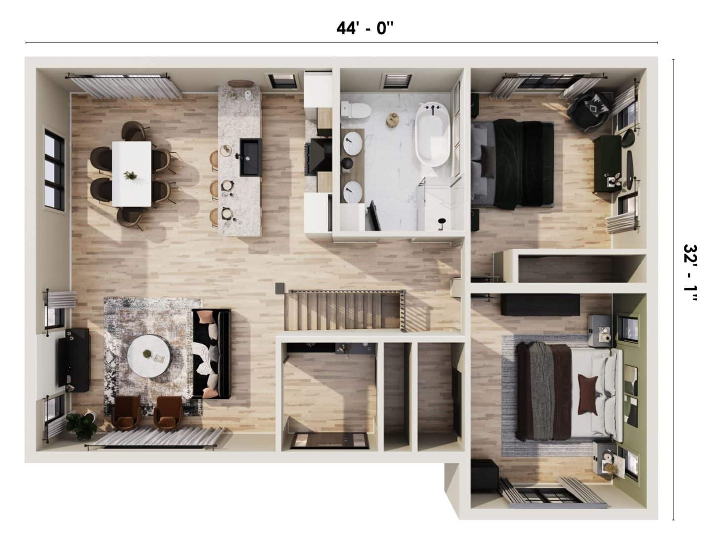 Modèle Quatre-temps is a farmhouse-style bungalow. 3D plan view