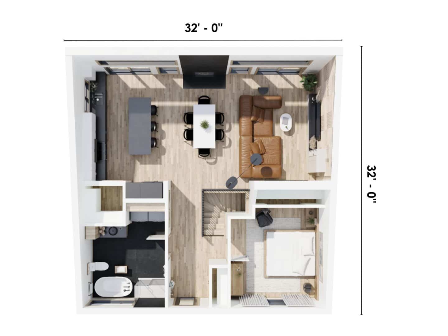 Chalet model called Horizon. Contemporary styling seen from the 3D plan with measurements.