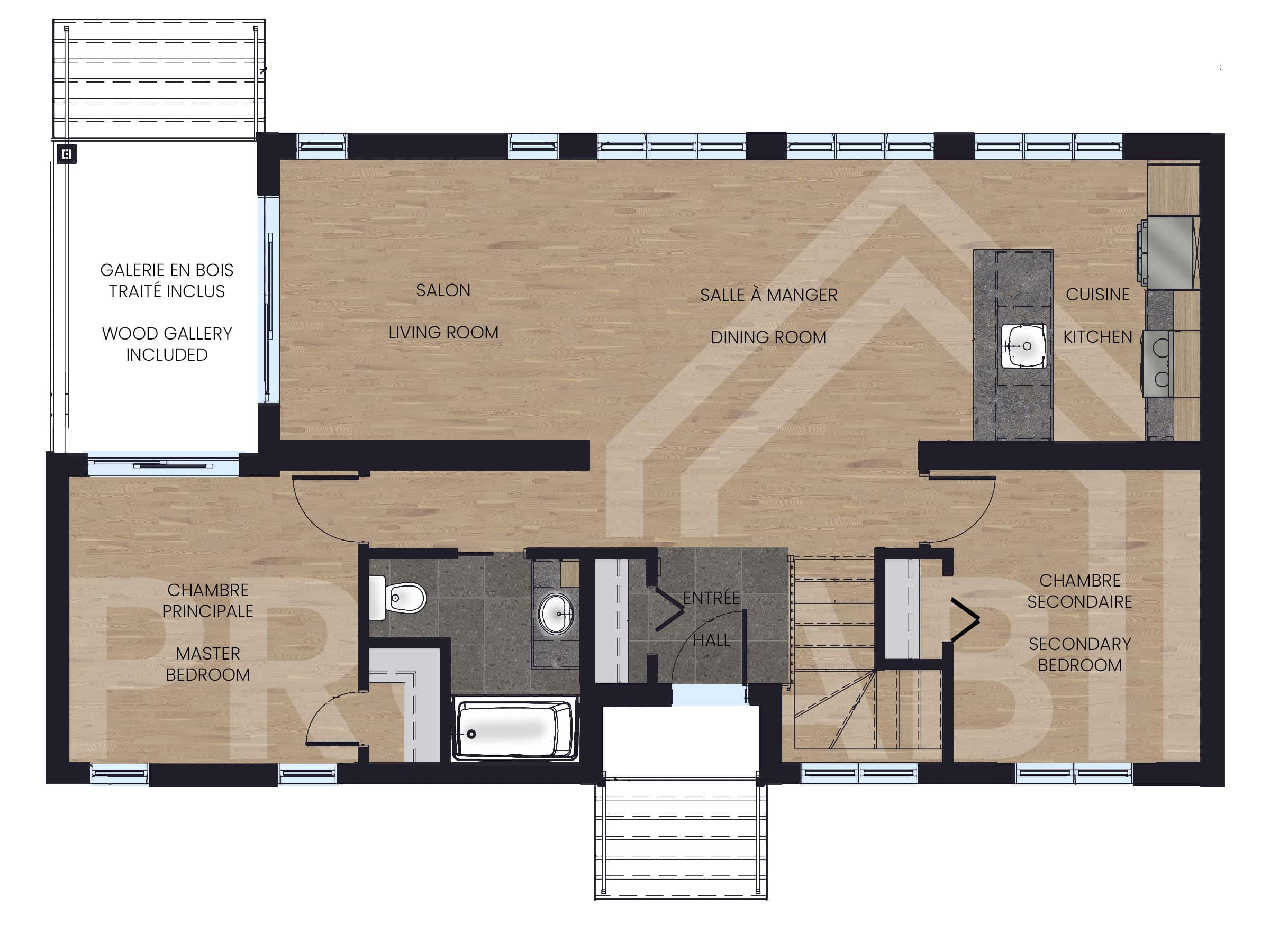 Alizé model, a modern-style chalet, front view of 2D plan