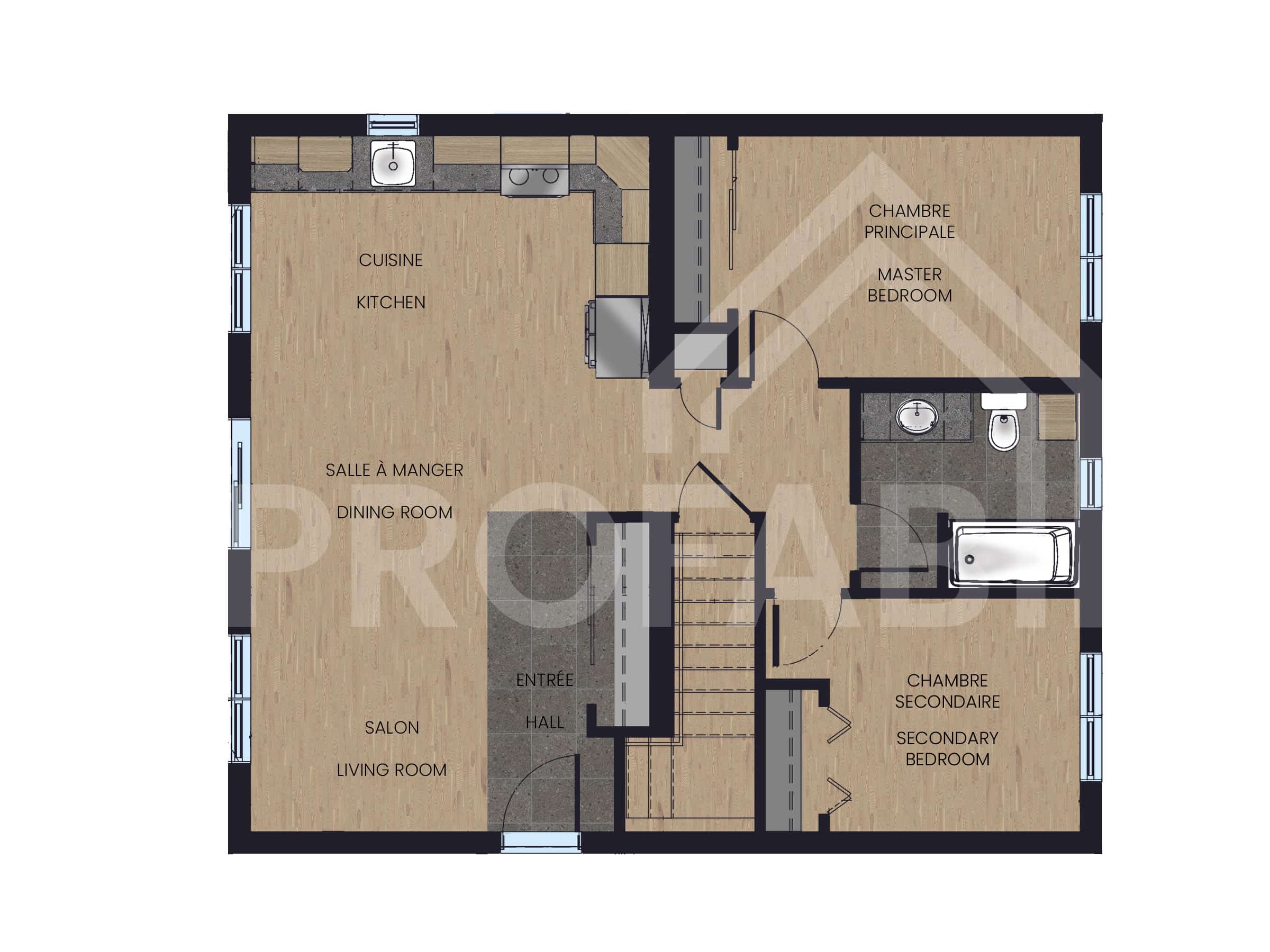 2D plan view .Faucon is a classically styled chalet.