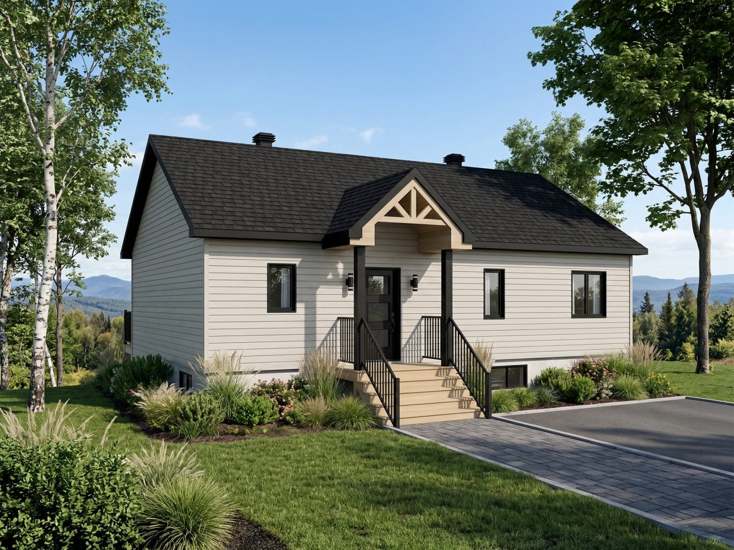 Le modèle Merle est un chalet de style contemporain. Vue de l'avant.