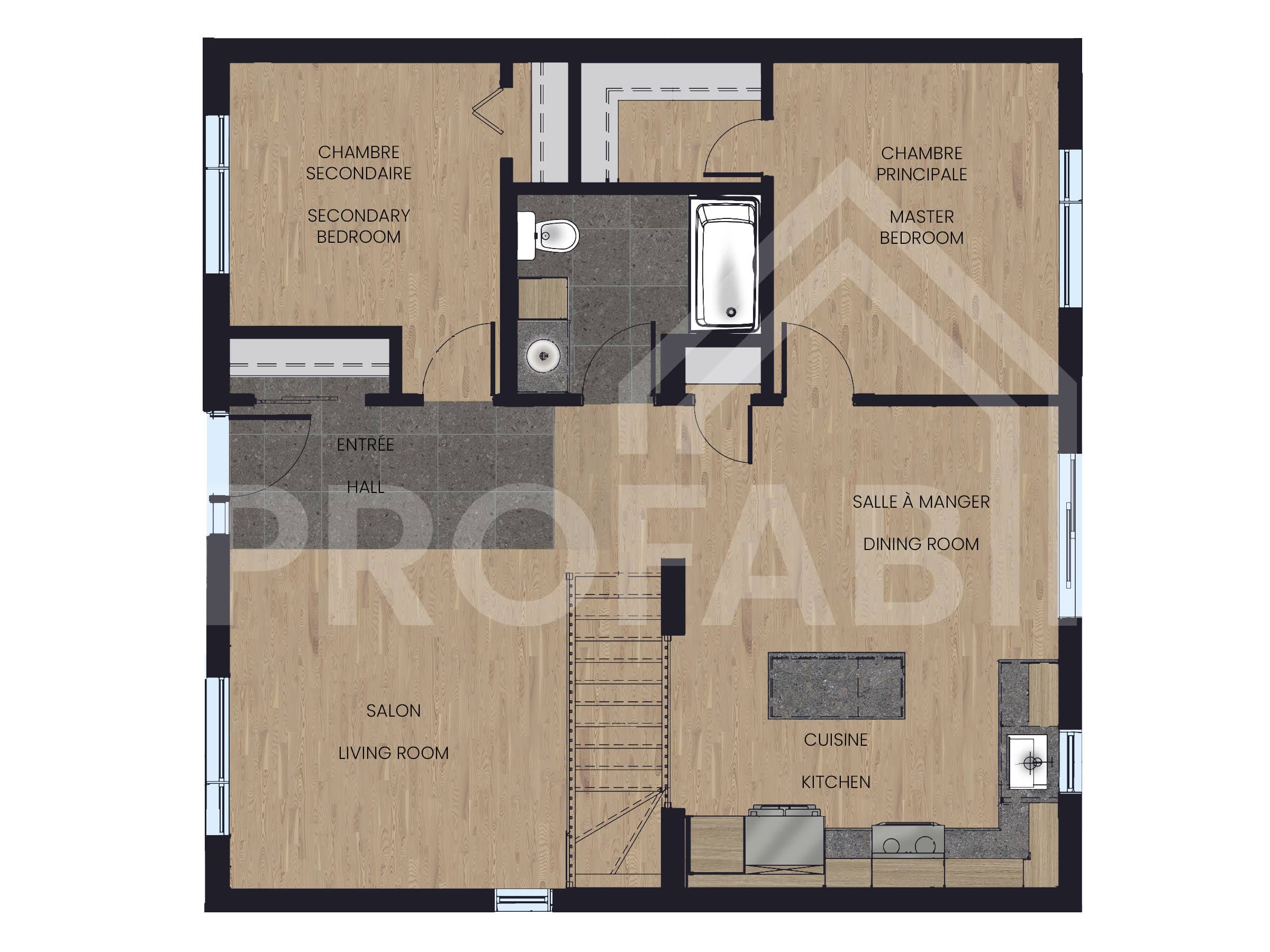 The Pixie model is a contemporary single-storey home. 2D plan view