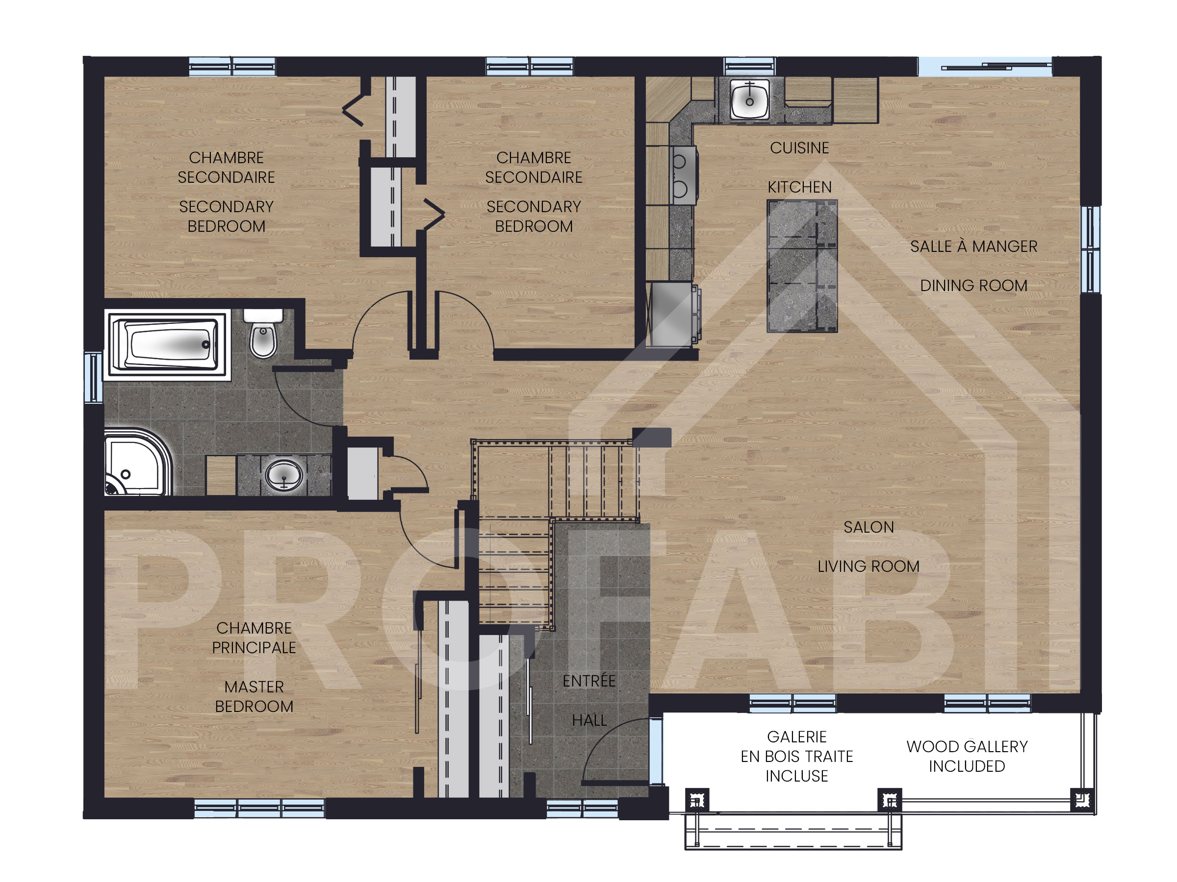 Emeraude model, a single-storey home in the Classic style. 2D plan view