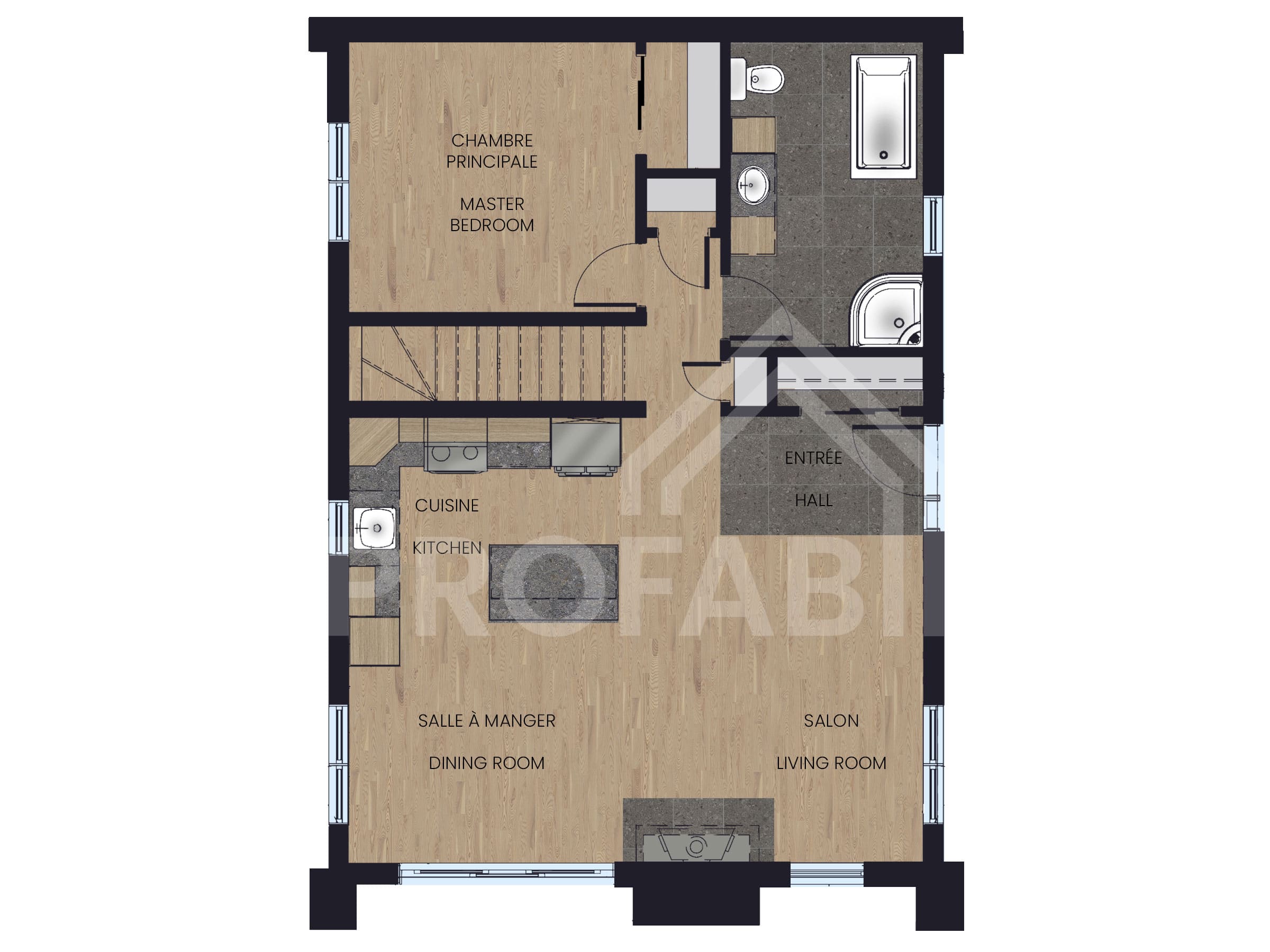 Le modèle Noa est un plain-pied de style scandinave. Vue du plan en 2D