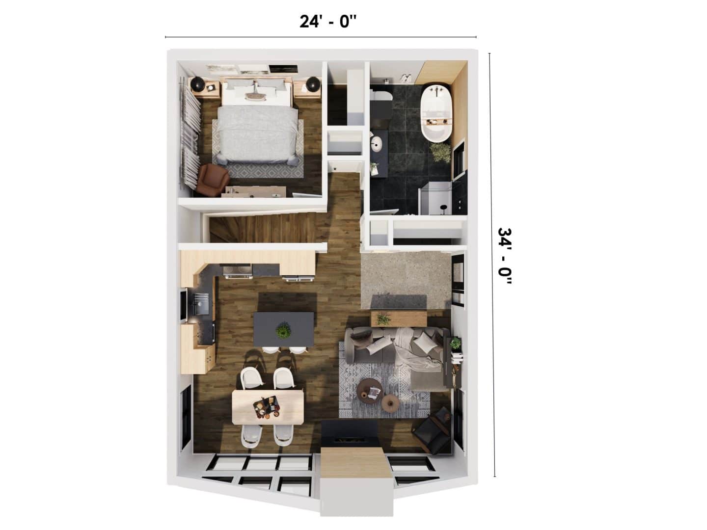 The Noa model is a Scandinavian-style bungalow. 3D plan view