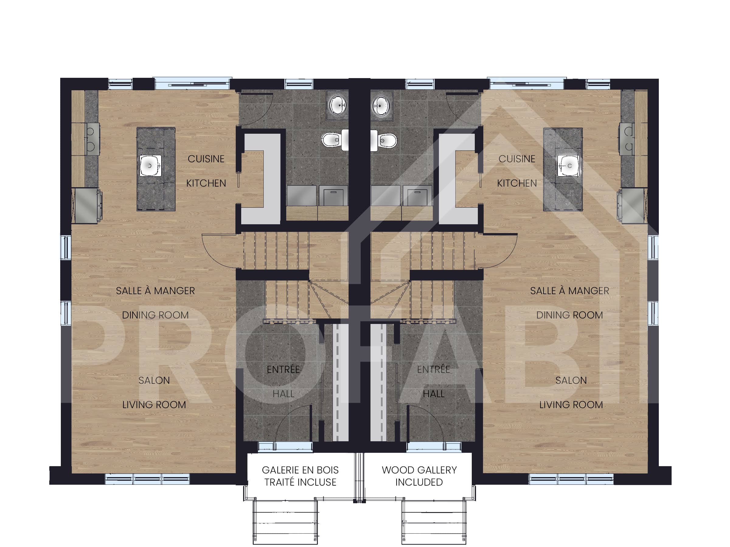 Plan du modèle Dyade. Un modèle jumelé de style Farmhouse. Vu en 2D