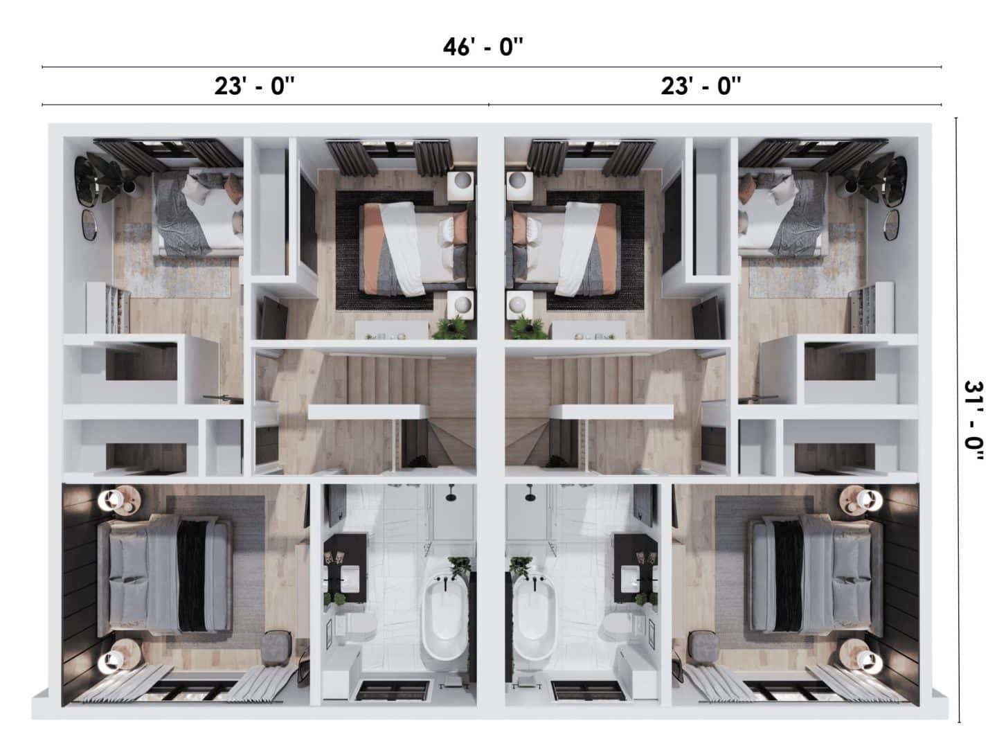 Plan of the Dyade model. A Farmhouse-style semi-detached model. View in 3D