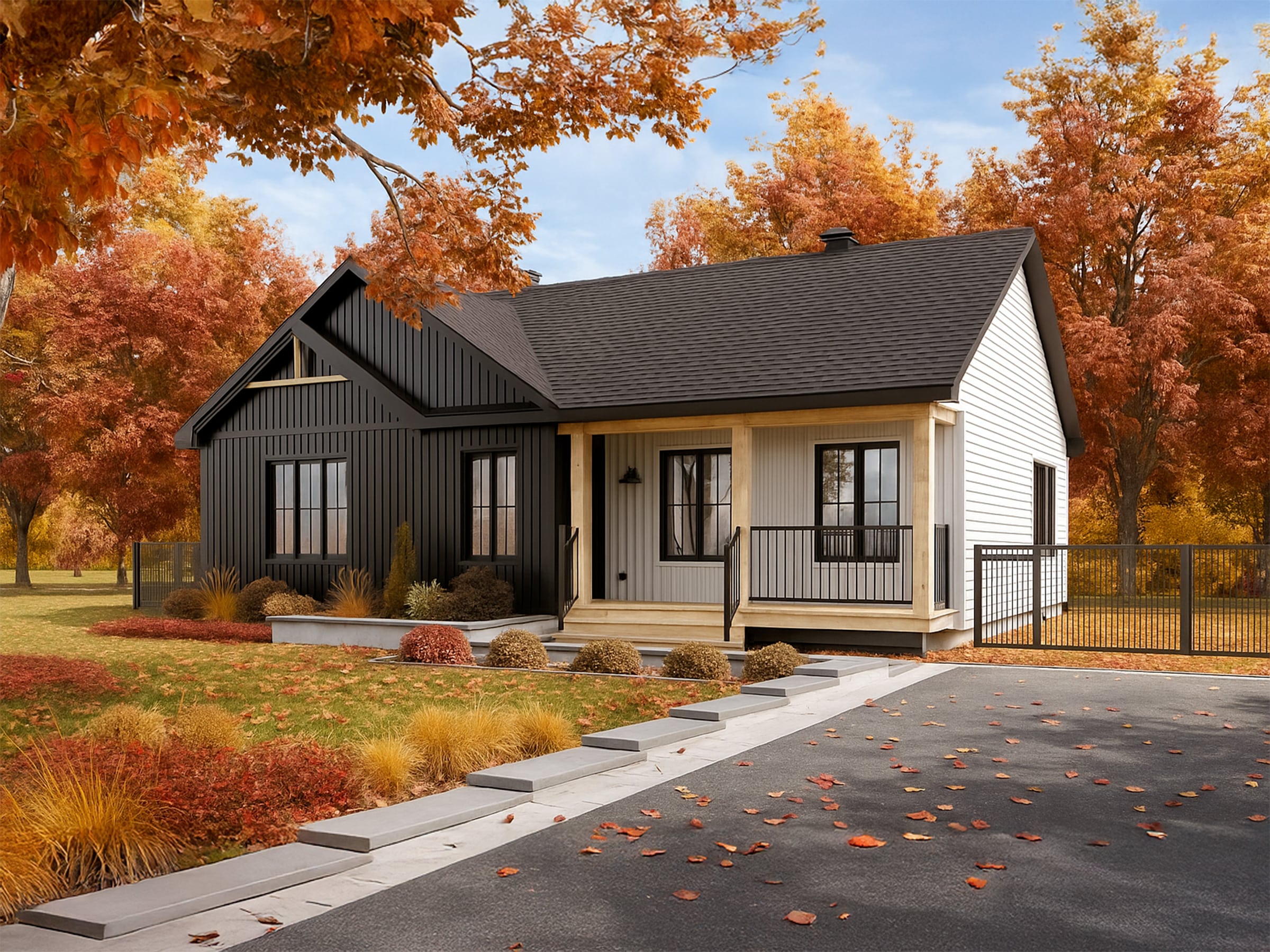 Modèle Turquoise, plain-pied de style classique. Vue extérieur en automne