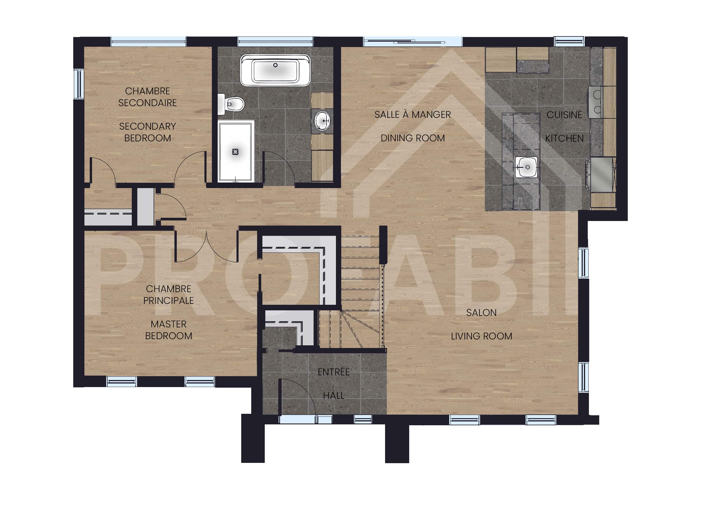 Émile model, a single-storey house in contemporary style. 2D plan view.