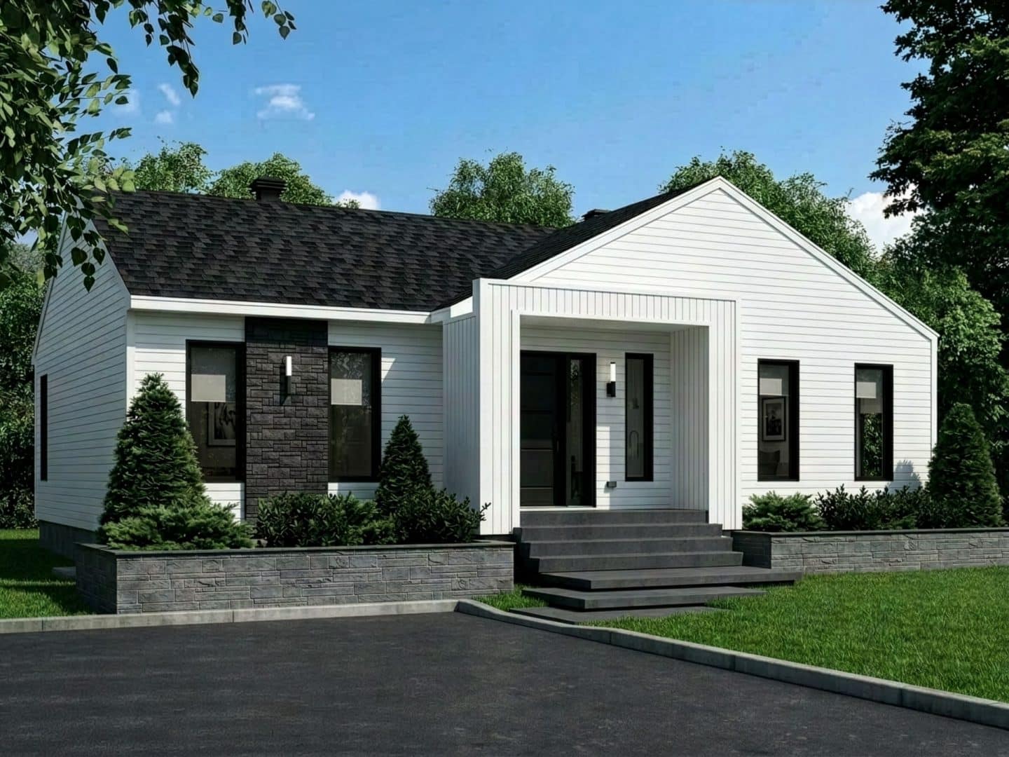 Modèle Émile, une maison plain-pied de style contemporain. Vu le la devanture extérieur.