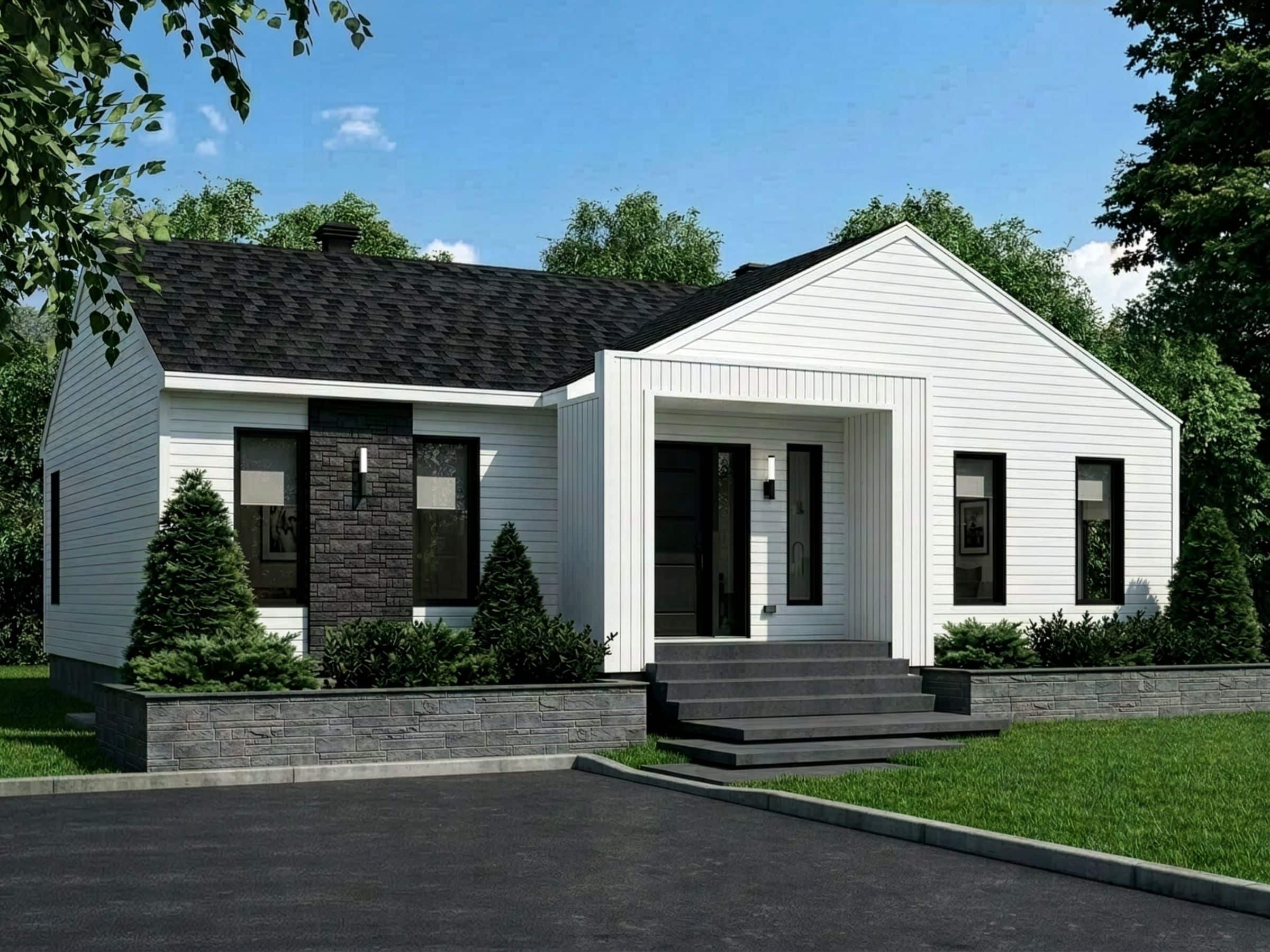 Modèle Émile, une maison plain-pied de style contemporain. Vu le la devanture extérieur.