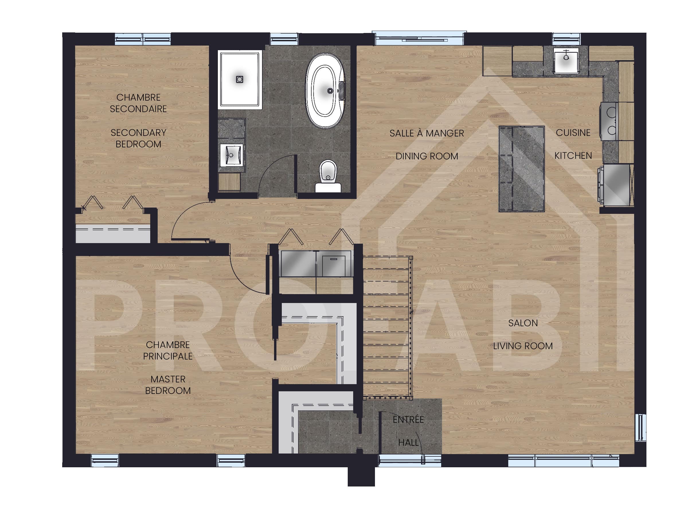 Le modèle Noova est une maison plain-pied de style contemporain. Vue du plan 2D