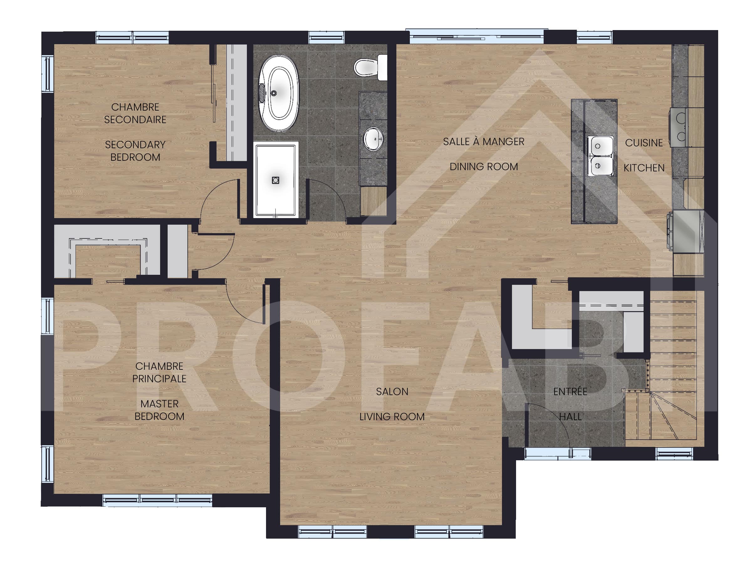 The Léa model is a contemporary single-storey home. 2D plan view.