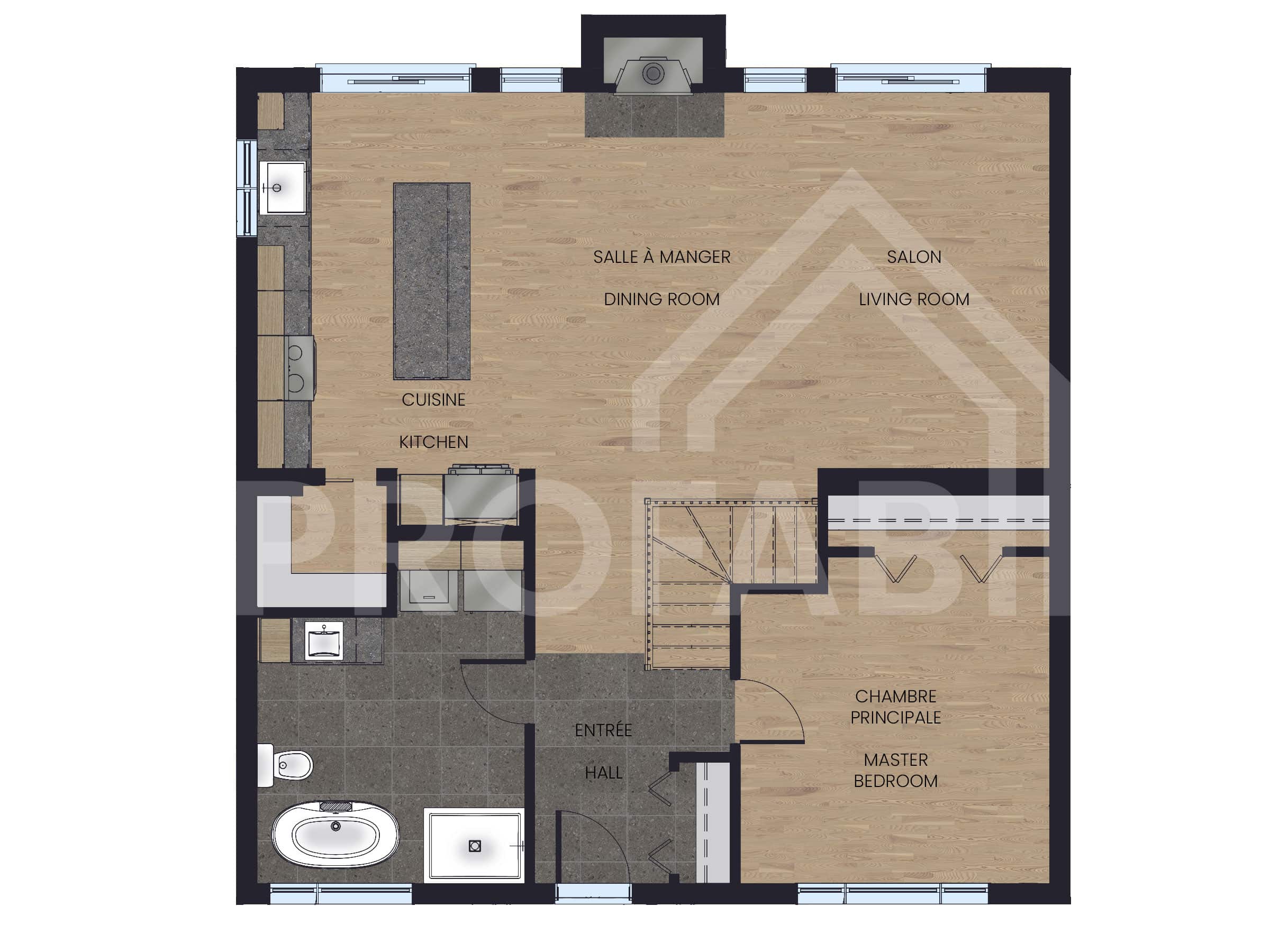 Chalet model called Horizon. Contemporary styling seen from Plan 2D.