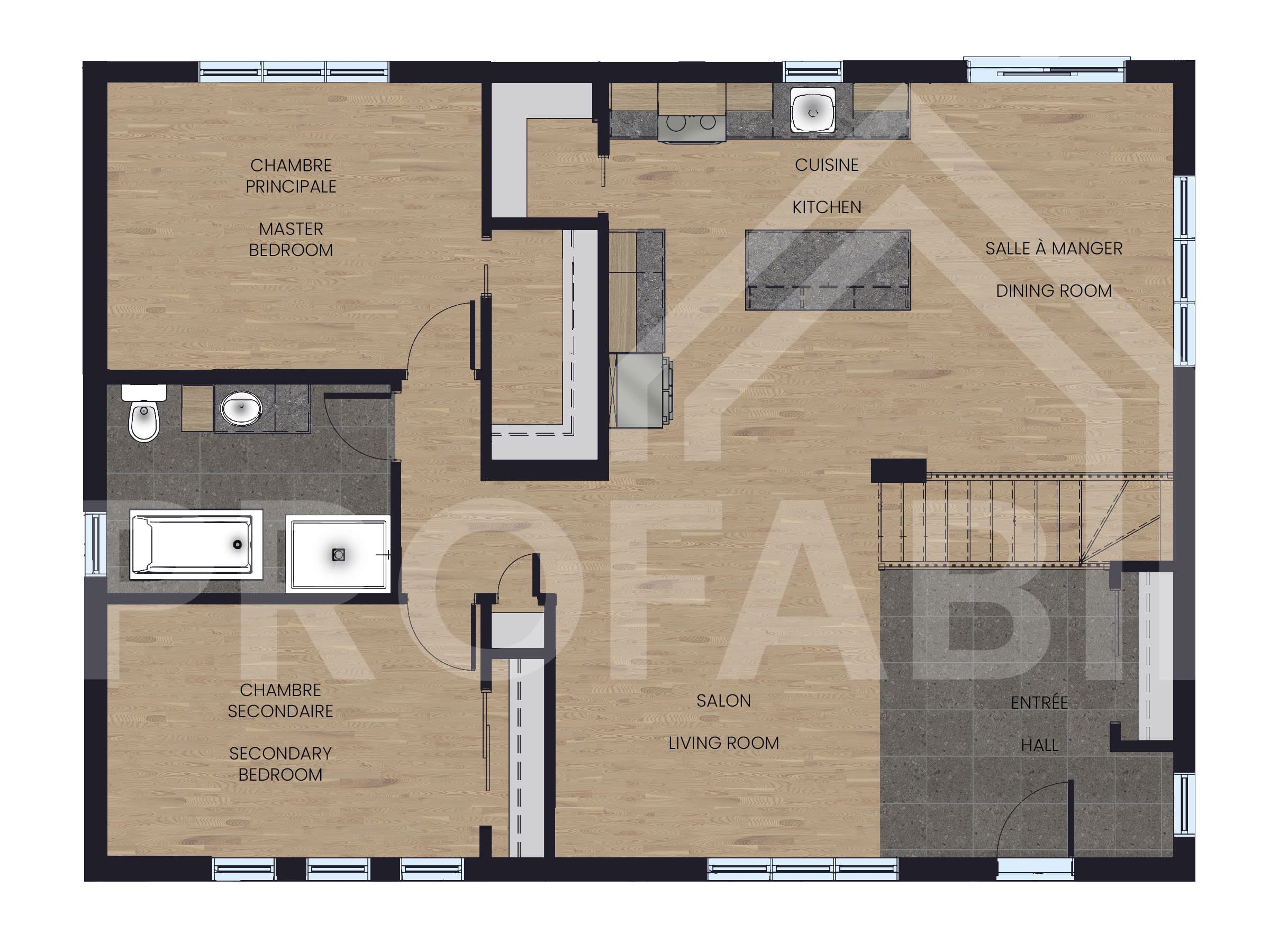 Modèle Kalmia, une maison plain-pied de style contemporain . Vu du plan 2D.