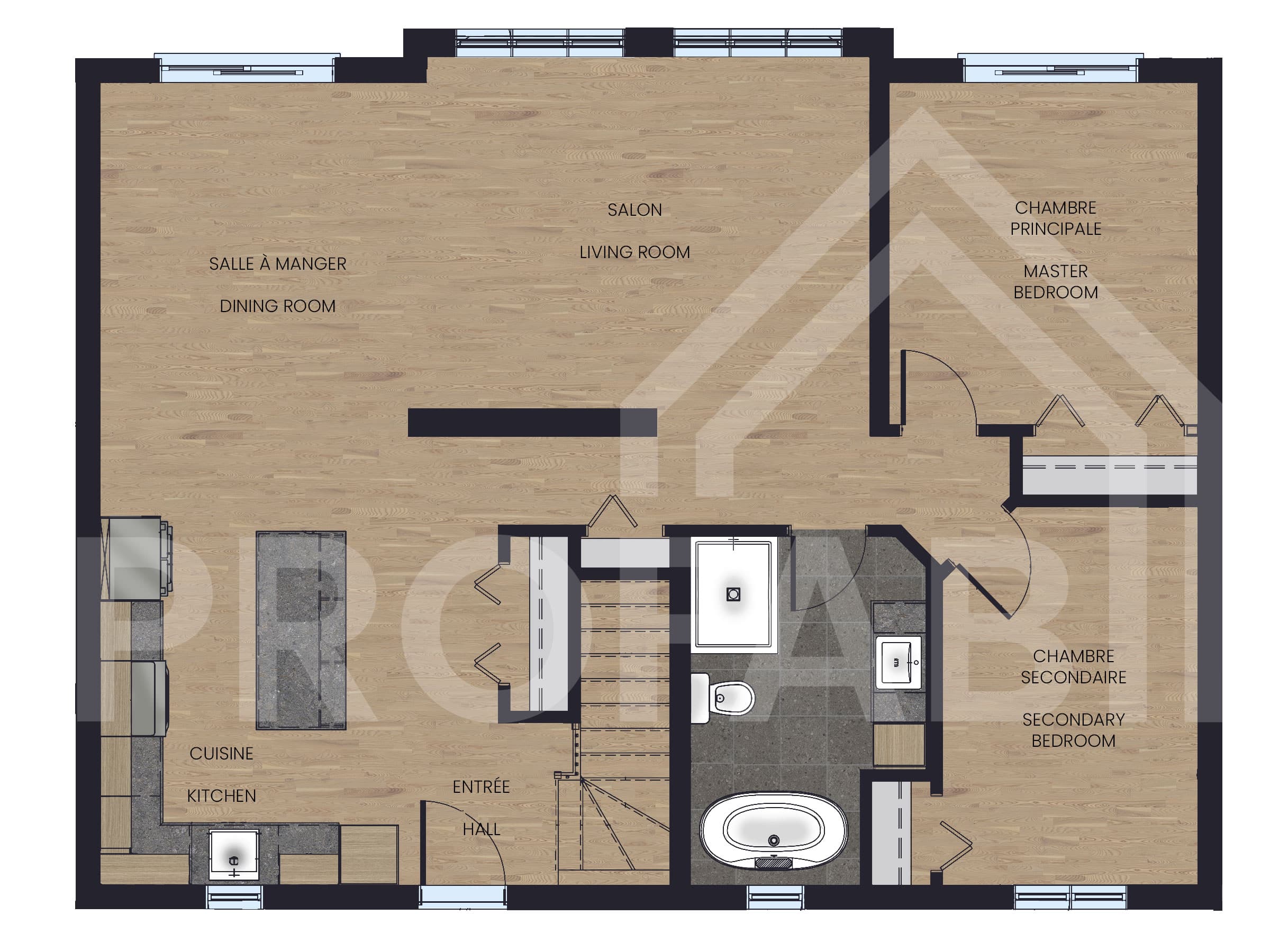 The Merle model is a contemporary-style chalet. 2D plan view