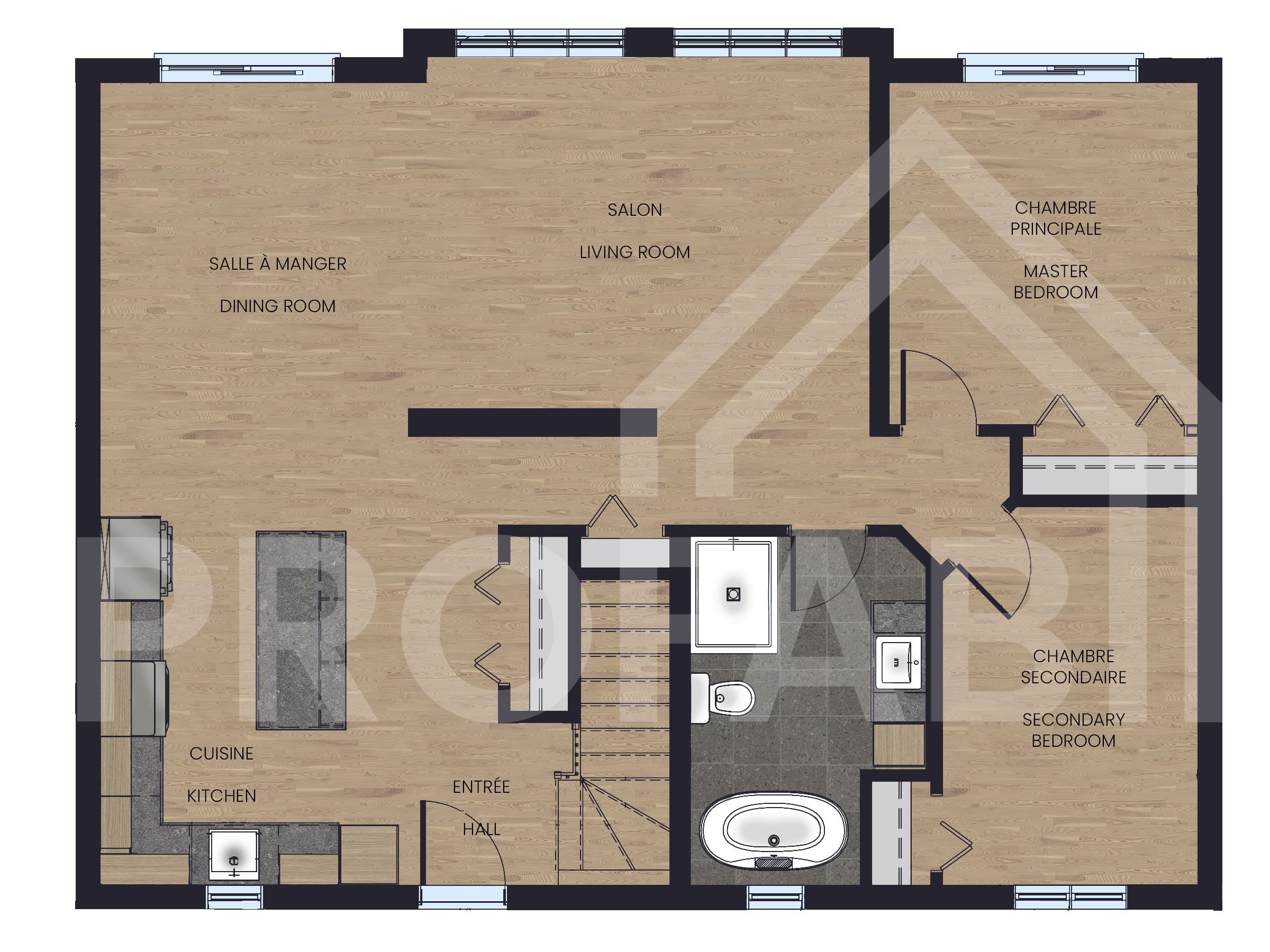 Le modèle Merle est un chalet de style contemporain. Vue du plan en 2D