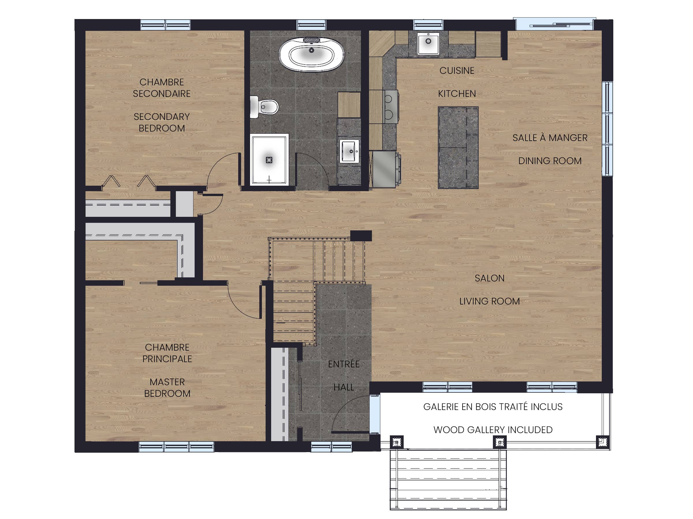 Turquoise bungalow in classic style. 2D plan view