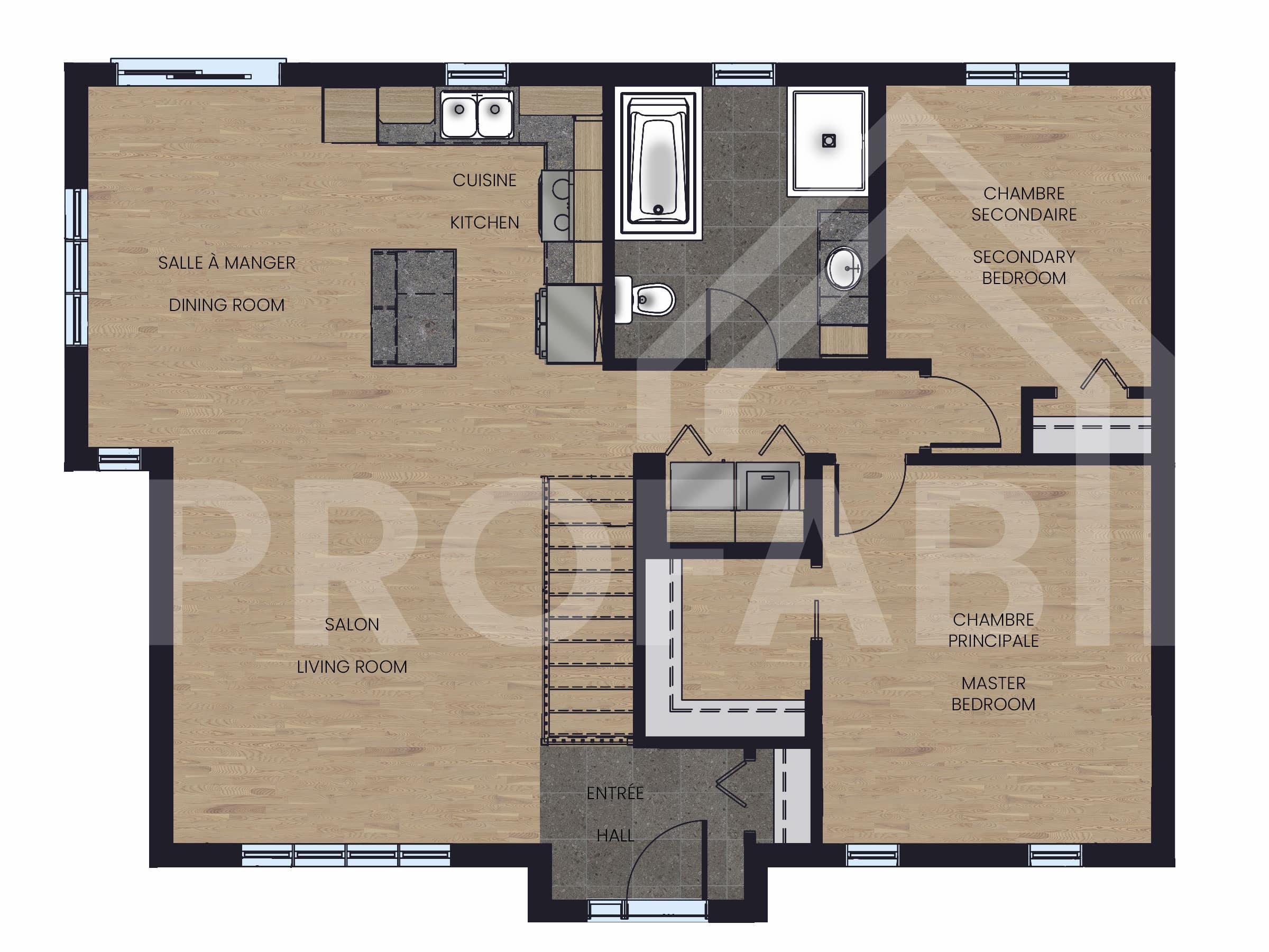 Modèle Vienna, une maison plain-pied de style contemporain . Vu du plan 2D