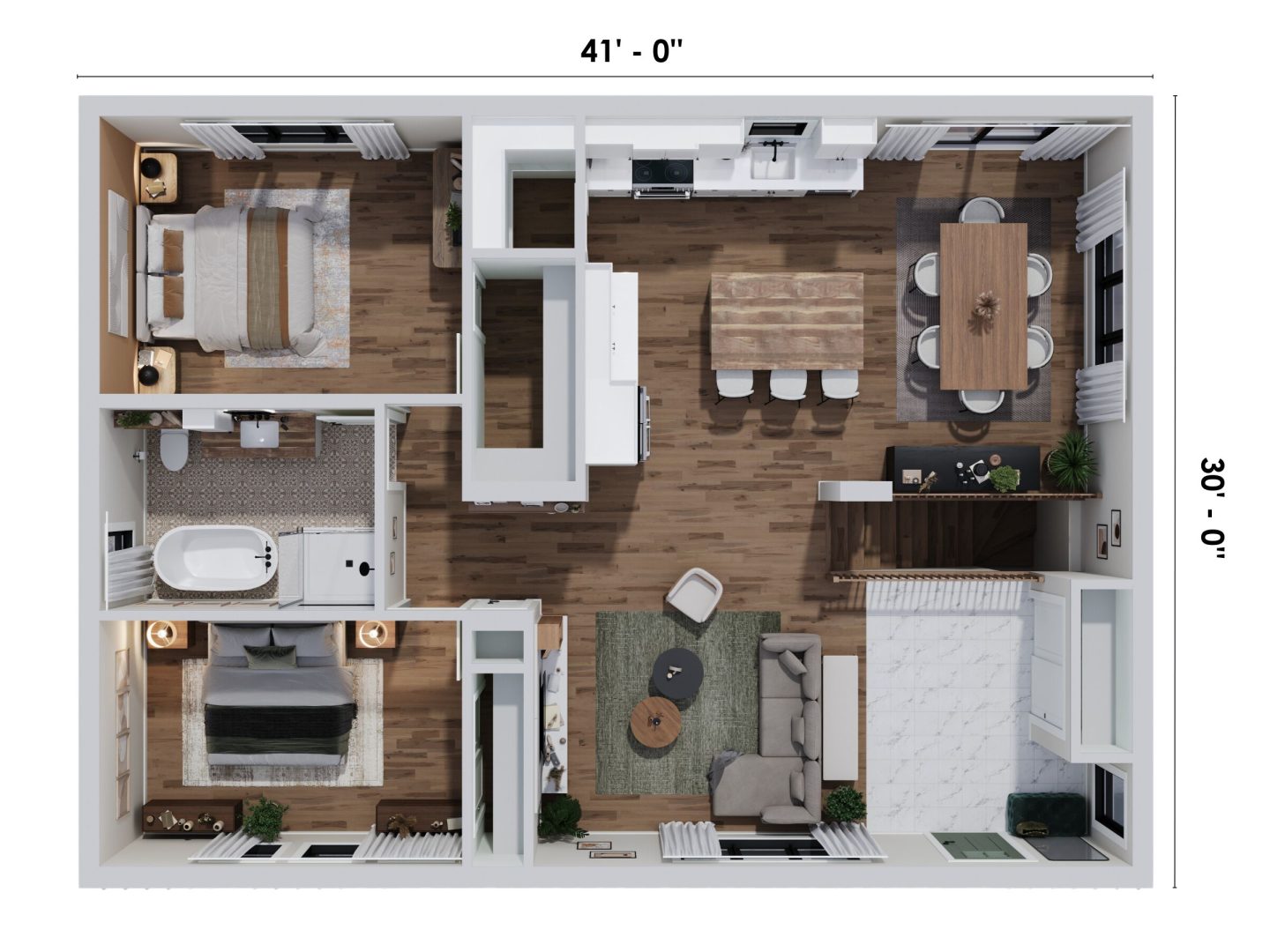 Modèle Kalmia, une maison de plain-pied de style contemporain. Vue du plan 3D avec les mesures.