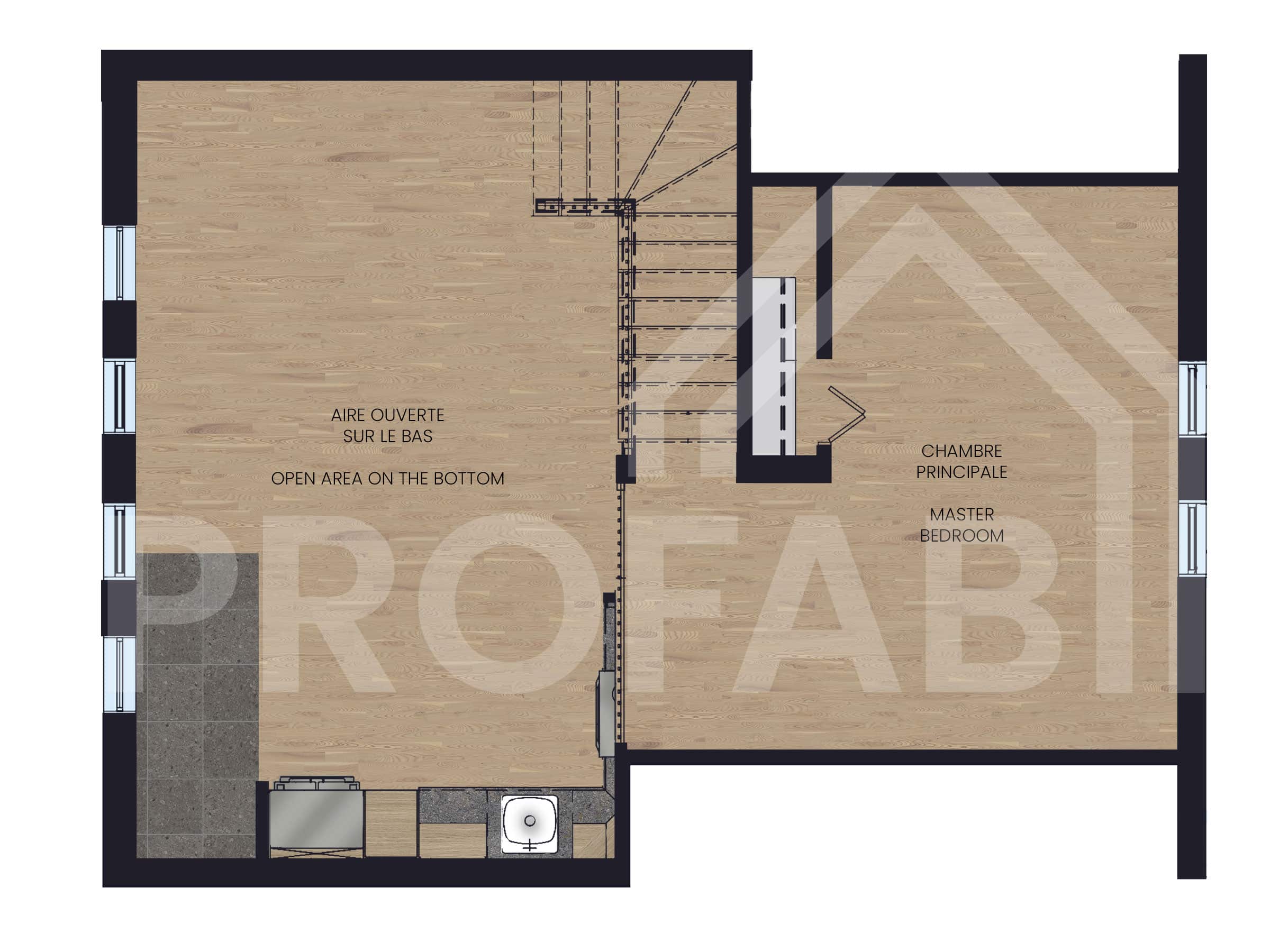 The Mésange model is a classic-style chalet. 2D plan view