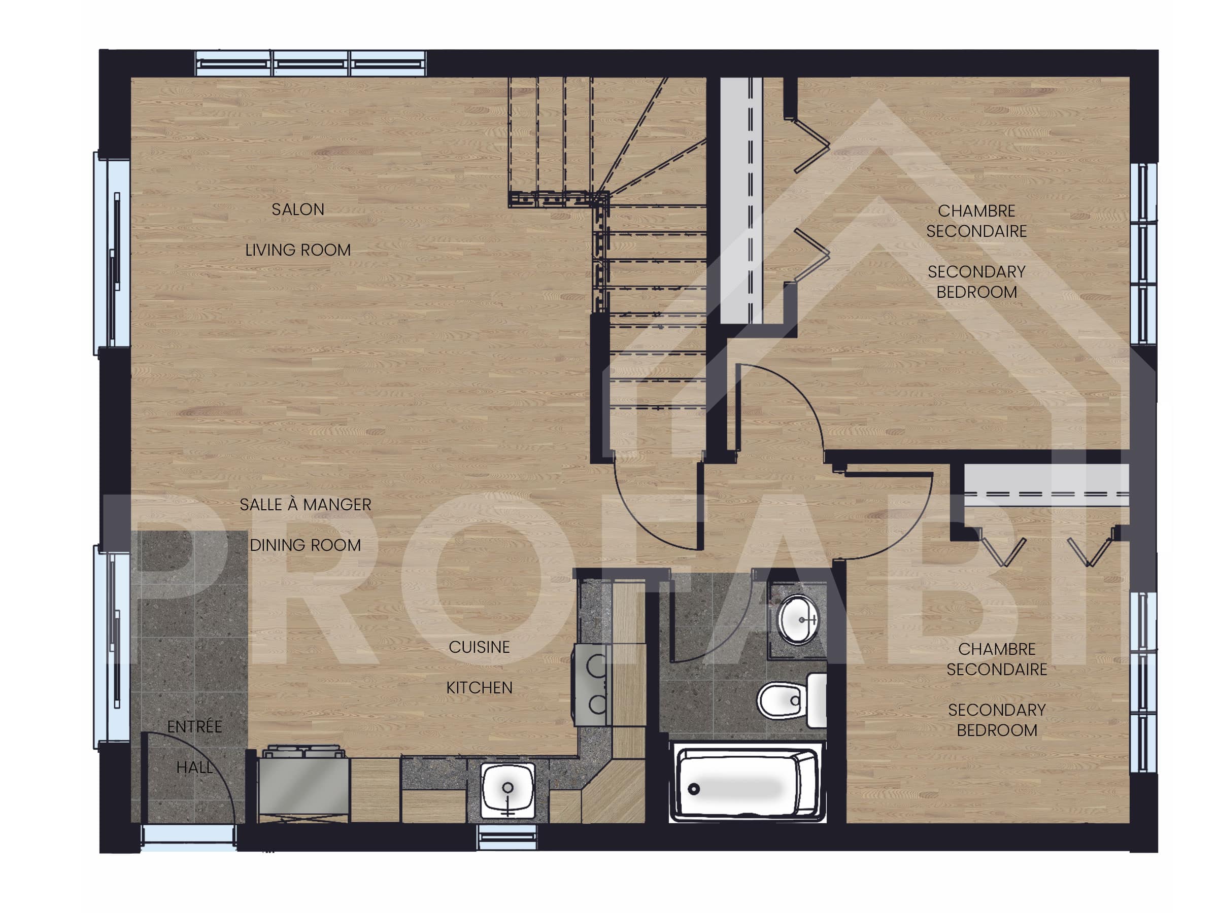 The Mésange model is a classic-style chalet. 2D plan view