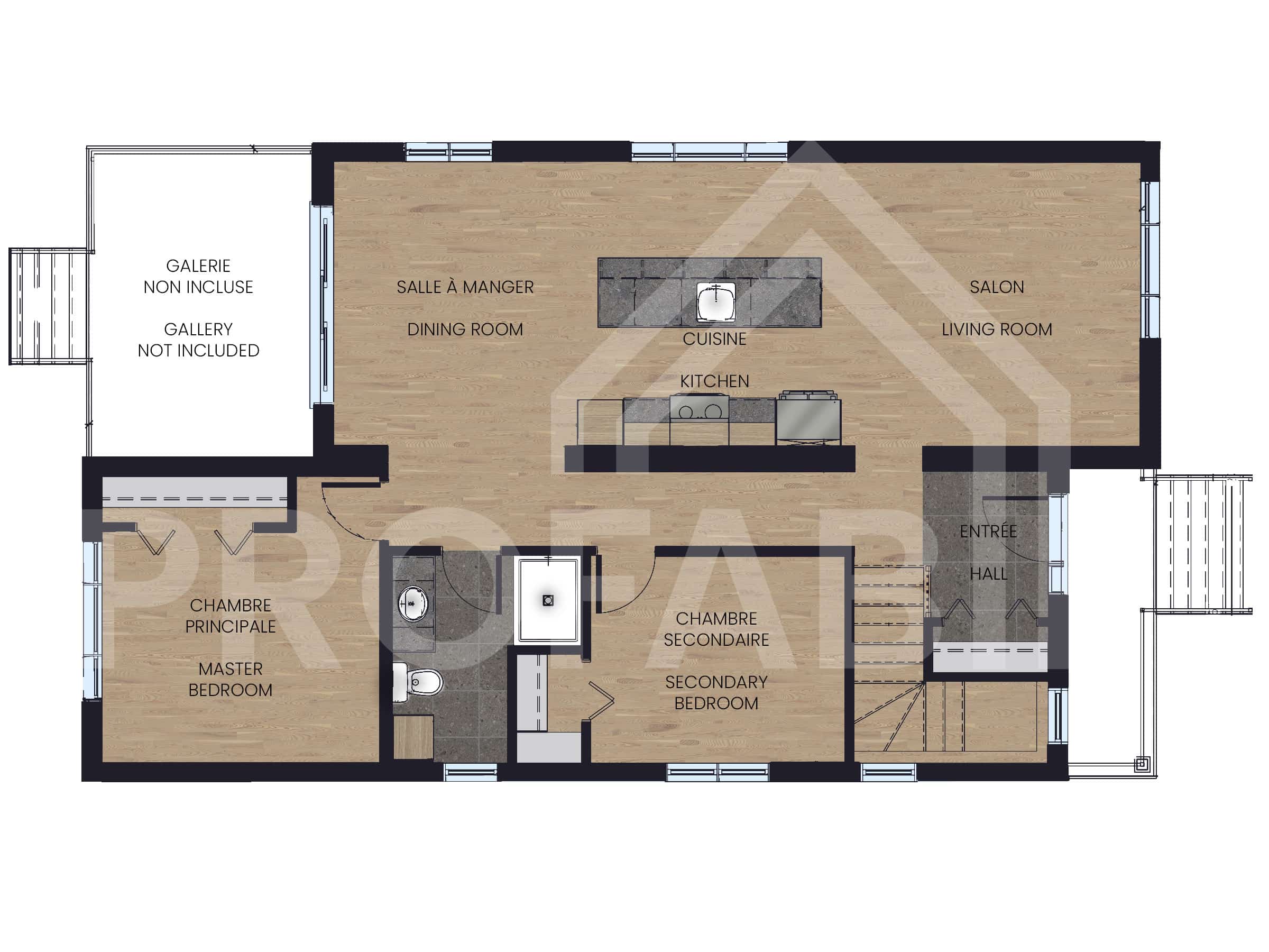 Model Svalla is a midcentury-style chalet. 2D plan view of the model.