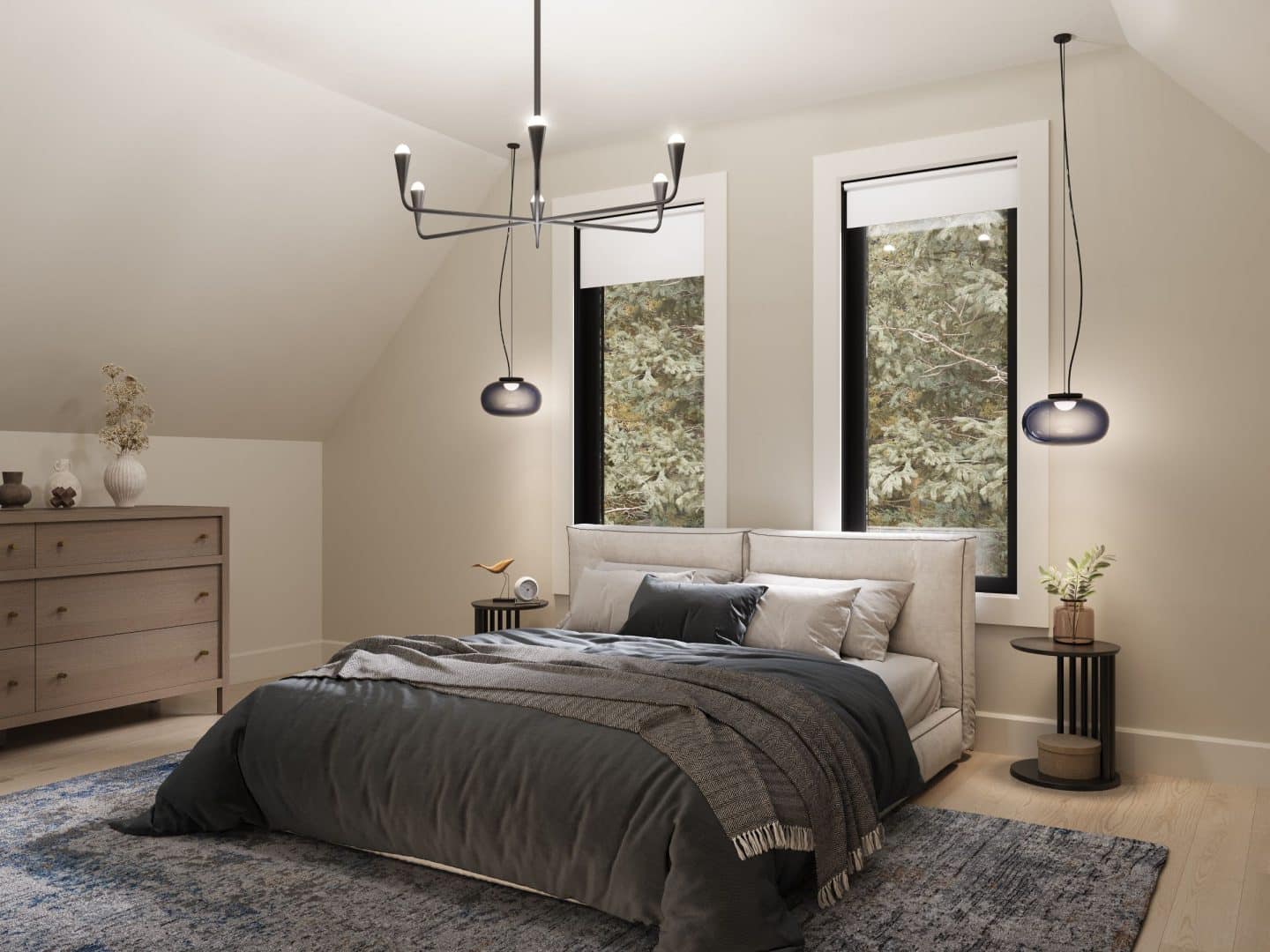 Le modèle Mésange est un chalet de style classique. Vue de la chambre principale.