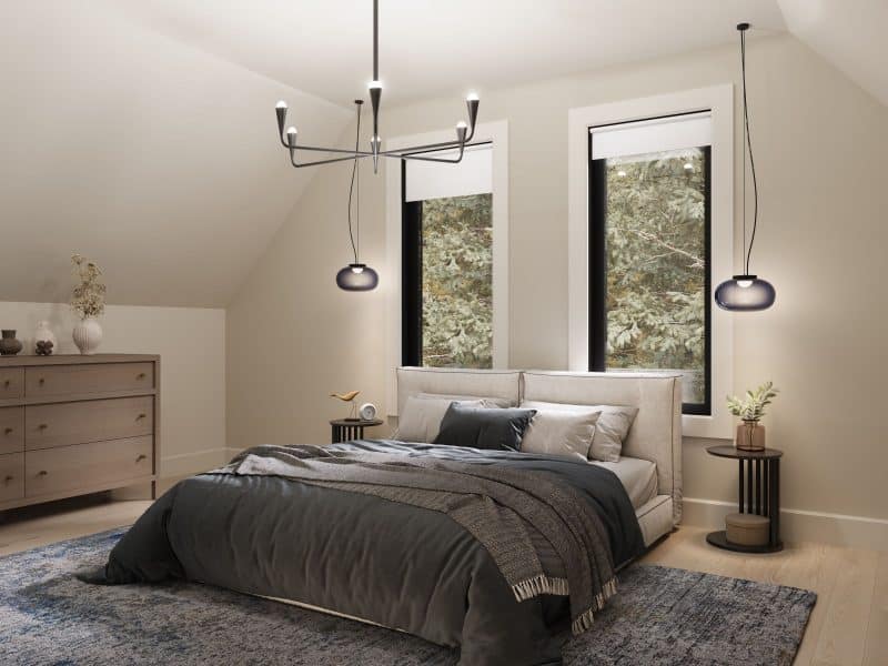 Le modèle Mésange est un chalet de style classique. Vue de la chambre principale.