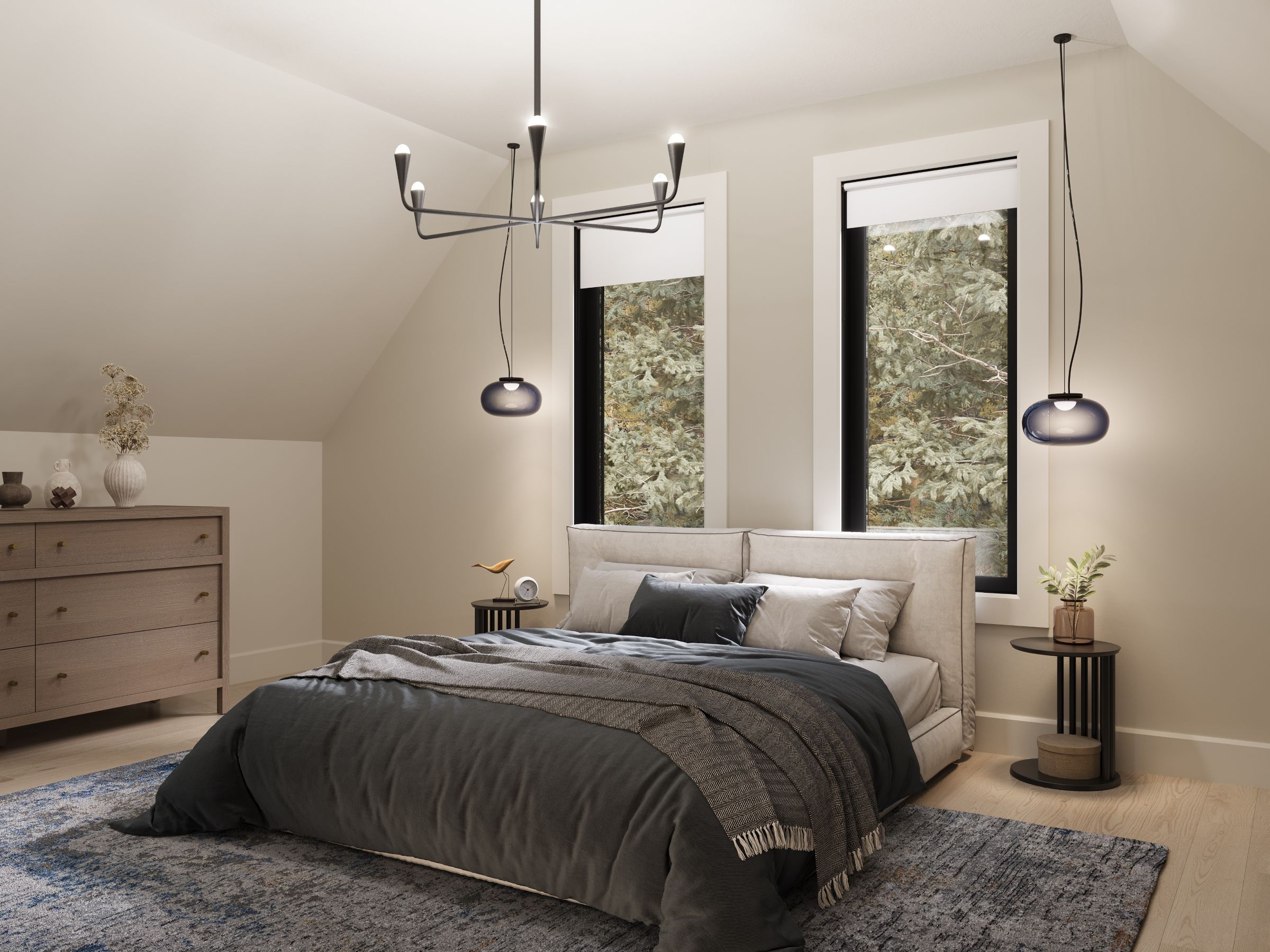 Le modèle Mésange est un chalet de style classique. Vue de la chambre principale.