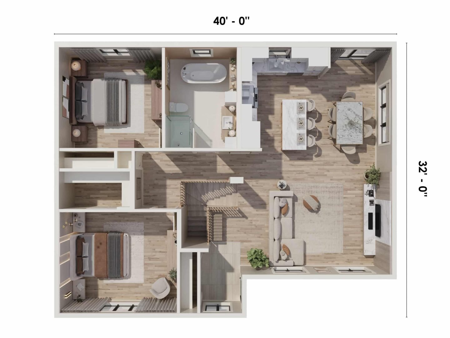 Turquoise single-storey model in classic style. 3D plan view