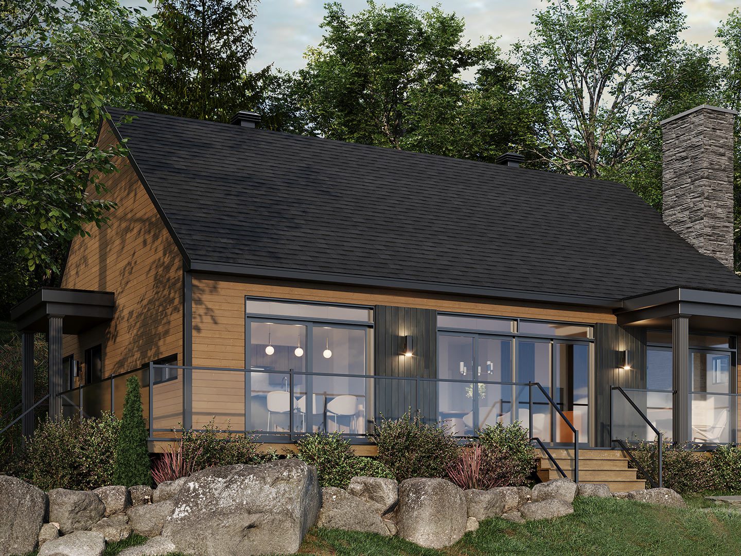Prefabricated one storey house Belvédère in contemporary style. Front exterior view.
