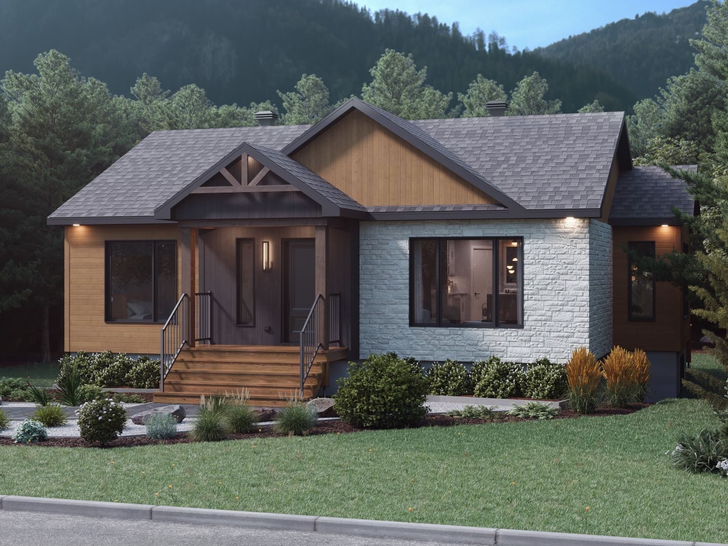 Prefabricated house of the Lata model in classic contemporary style. Front exterior view.