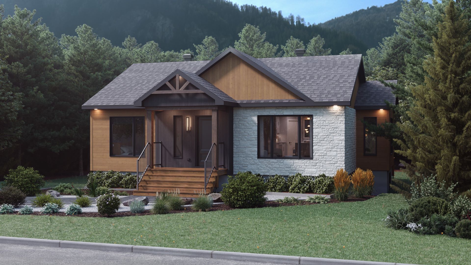 Prefabricated house of the Lata model in classic contemporary style. Front exterior view.