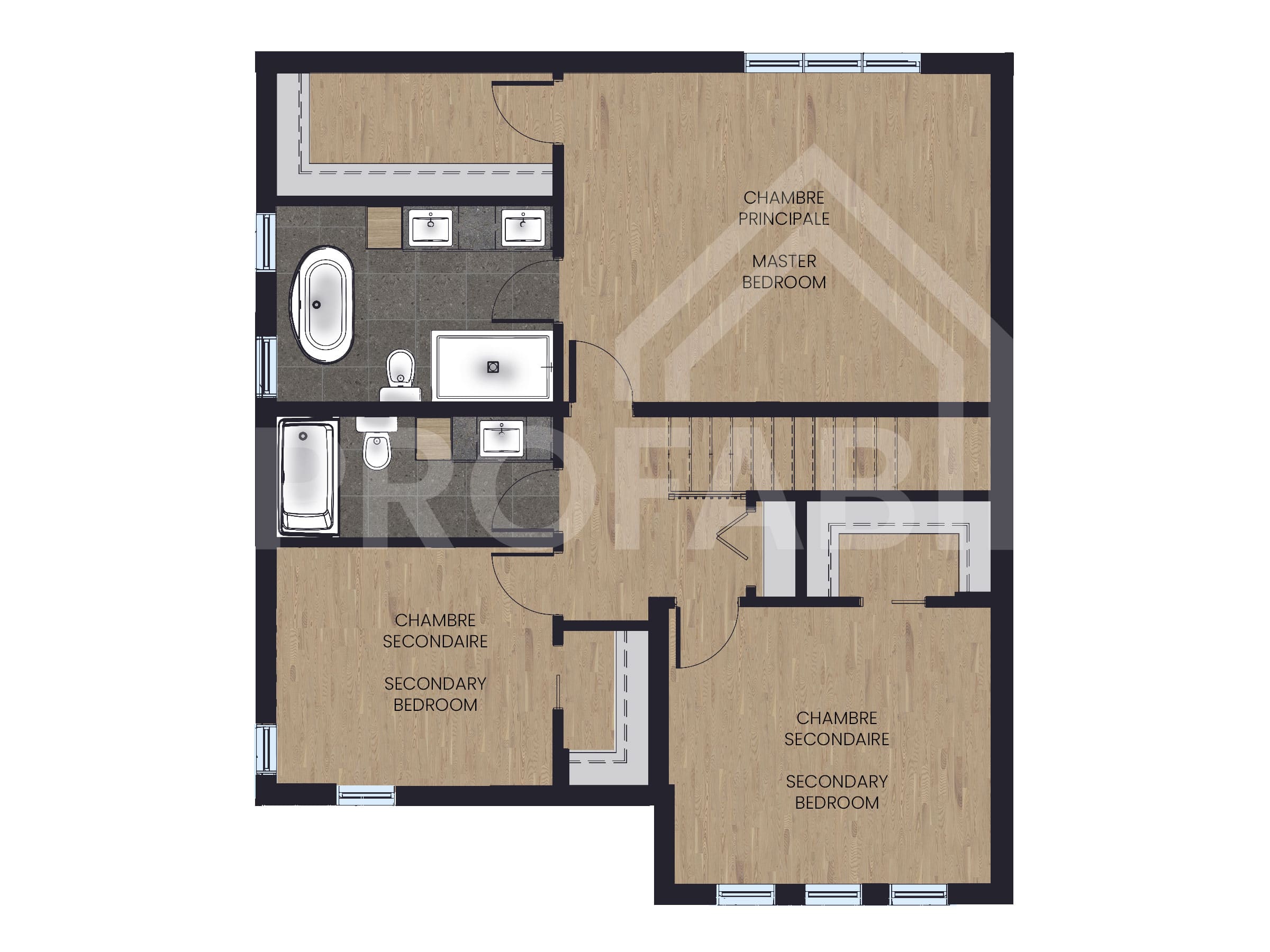 Modèle Edena, une maison 2 étages de style Farmhouse. Vu du plan 2D