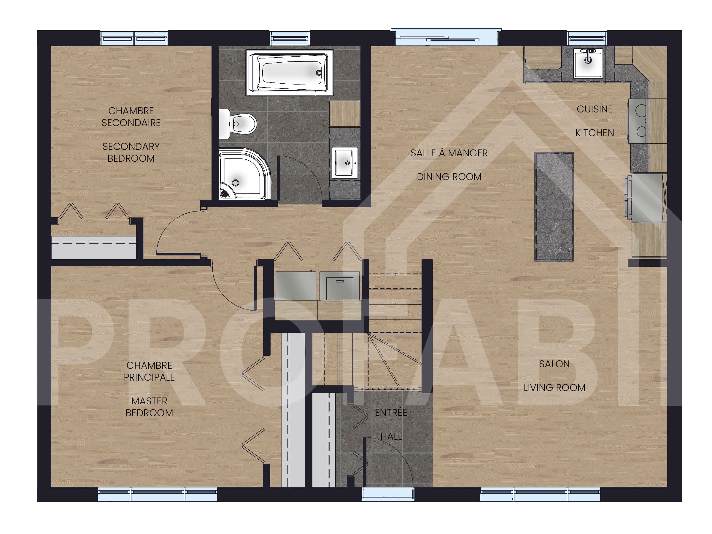 Modèle Mignonne, une maison de plain-pied de style classique. Vue en plan 2D