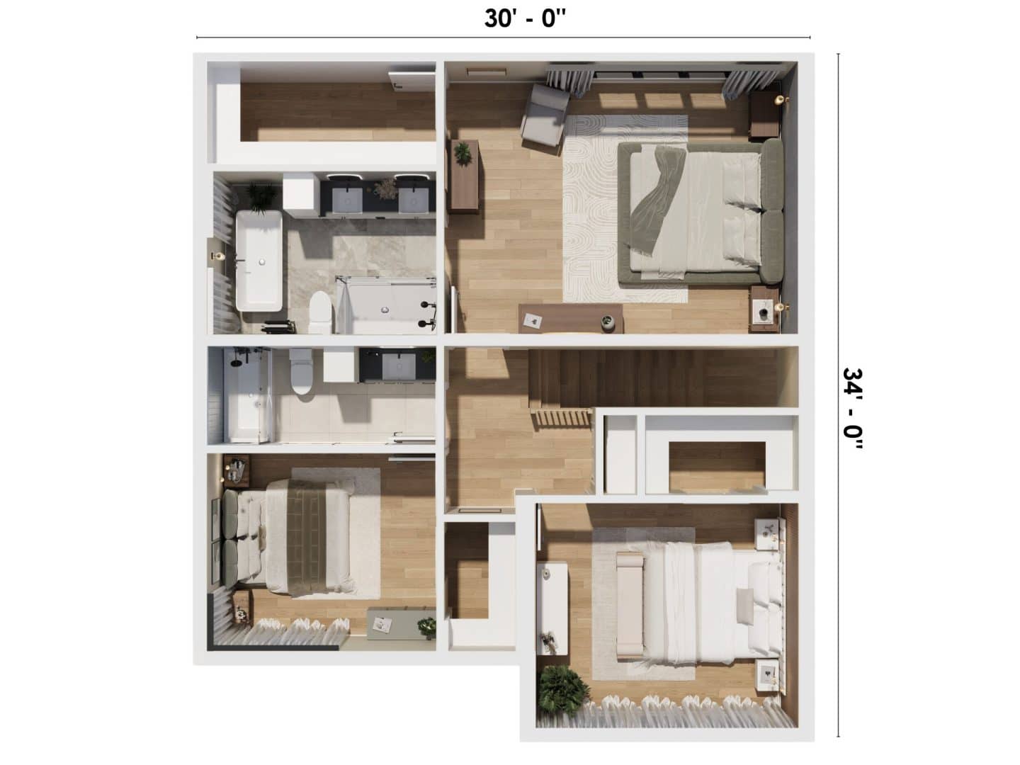 Edena model, a 2-storey farmhouse-style house. 3D view of the house plan, second floor.