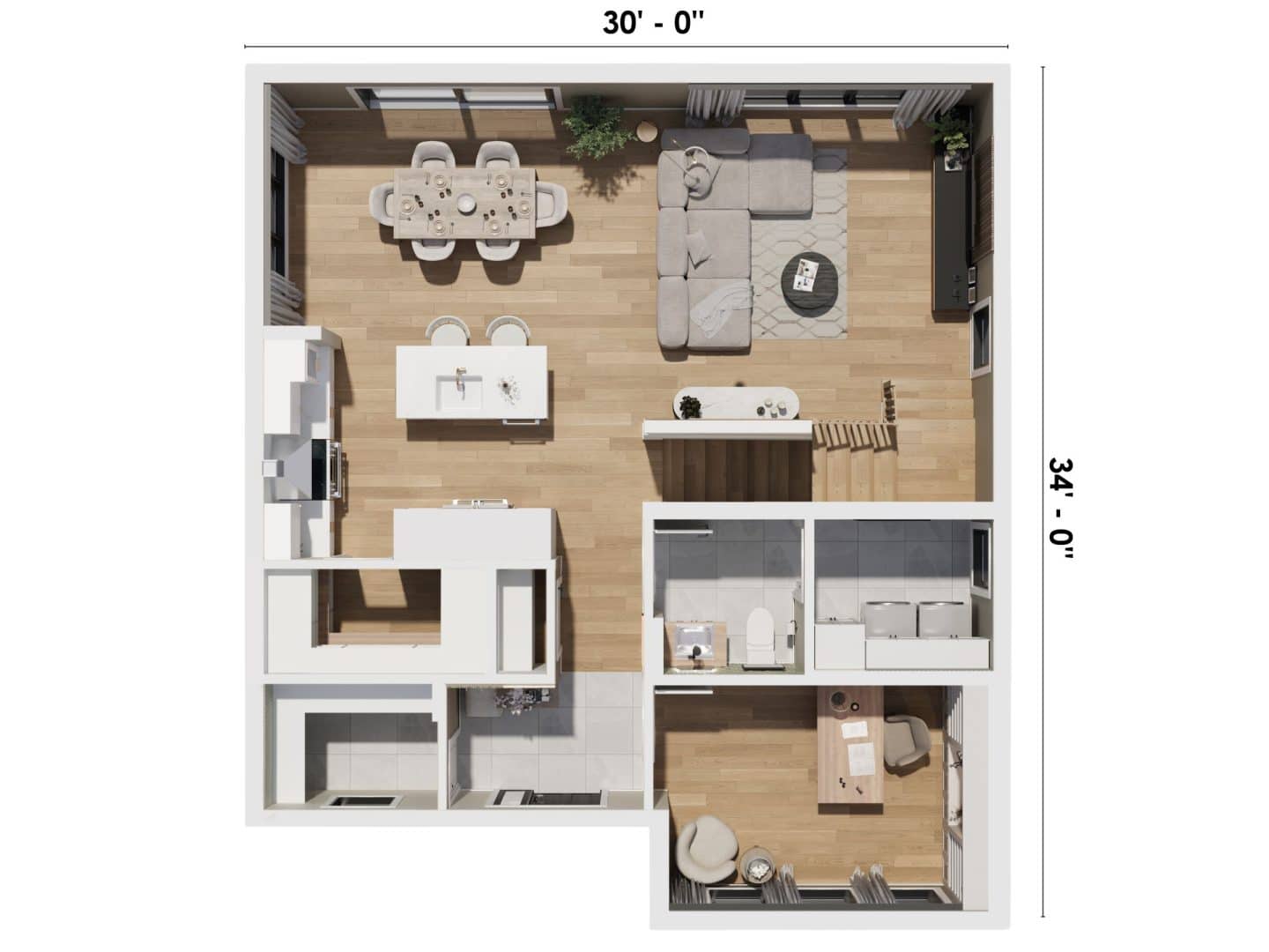 Edena model, a 2-storey farmhouse-style house. 3D view of the house plan, first floor.