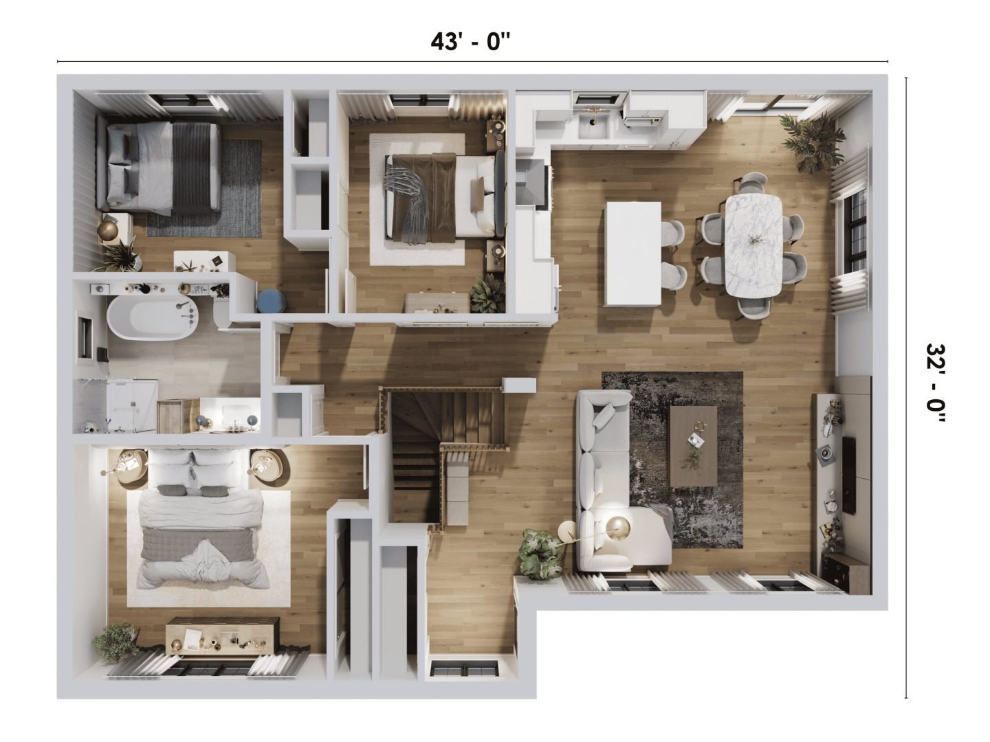 Emeraude model, a single-storey home in the Classic style. View of the 3D house plan